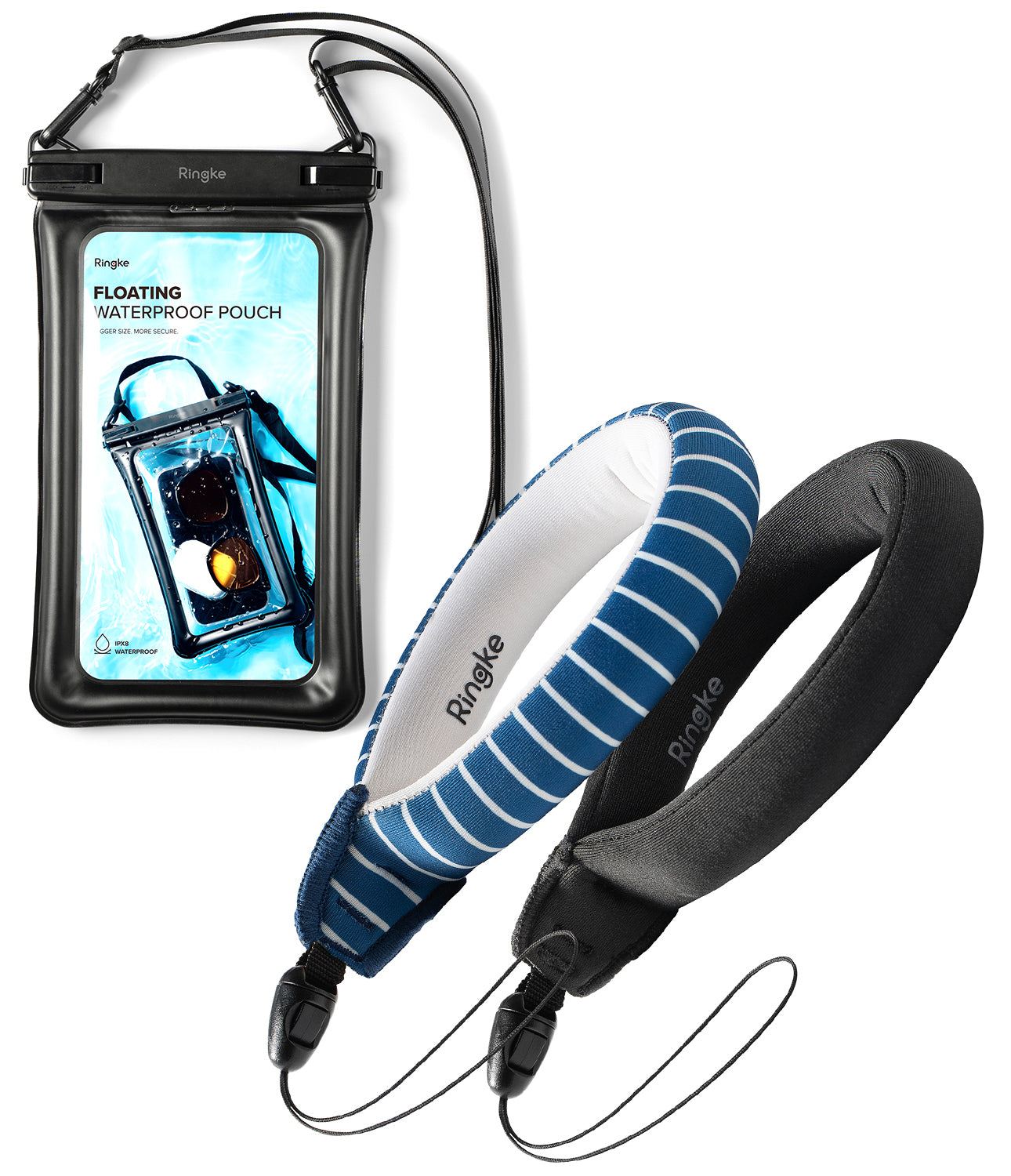 Navy Stripes / Black Floating Strap & Floating Waterproof Pouch | Rogue floating waterproof pouch with a strap on a white background