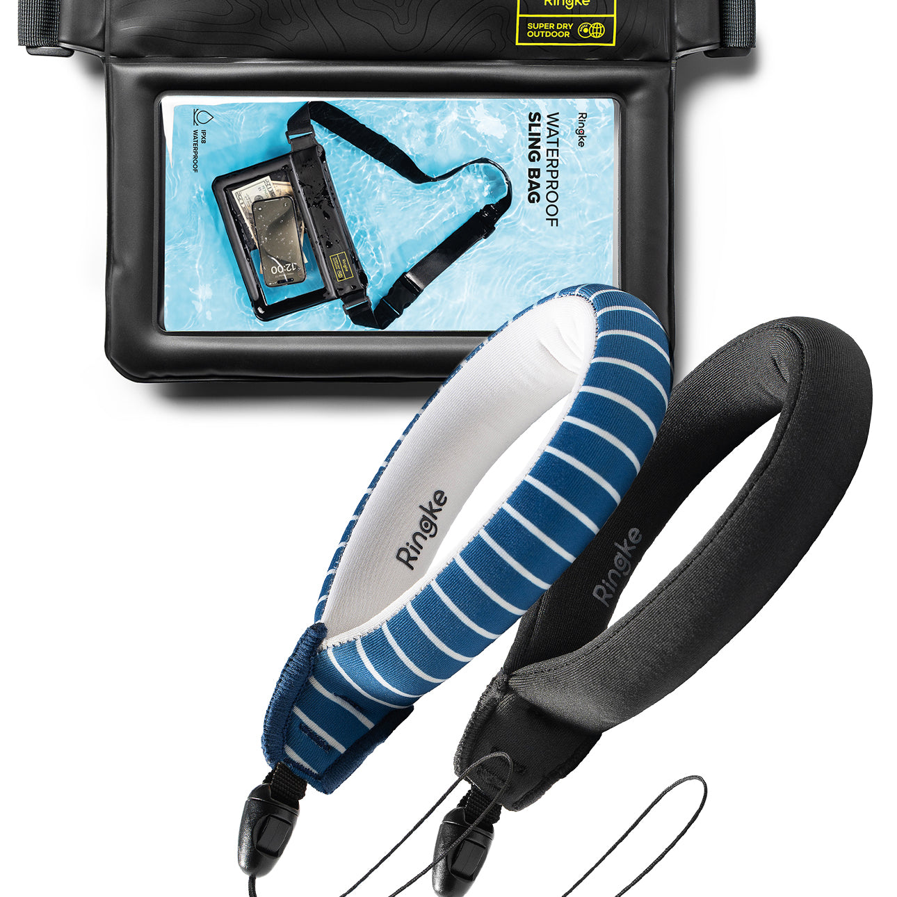 Navy Stripes / Black Floating Strap & Waterproof Sling Bag | Waterproof phone case with screen protector and Rangefi branded accessories on a white background