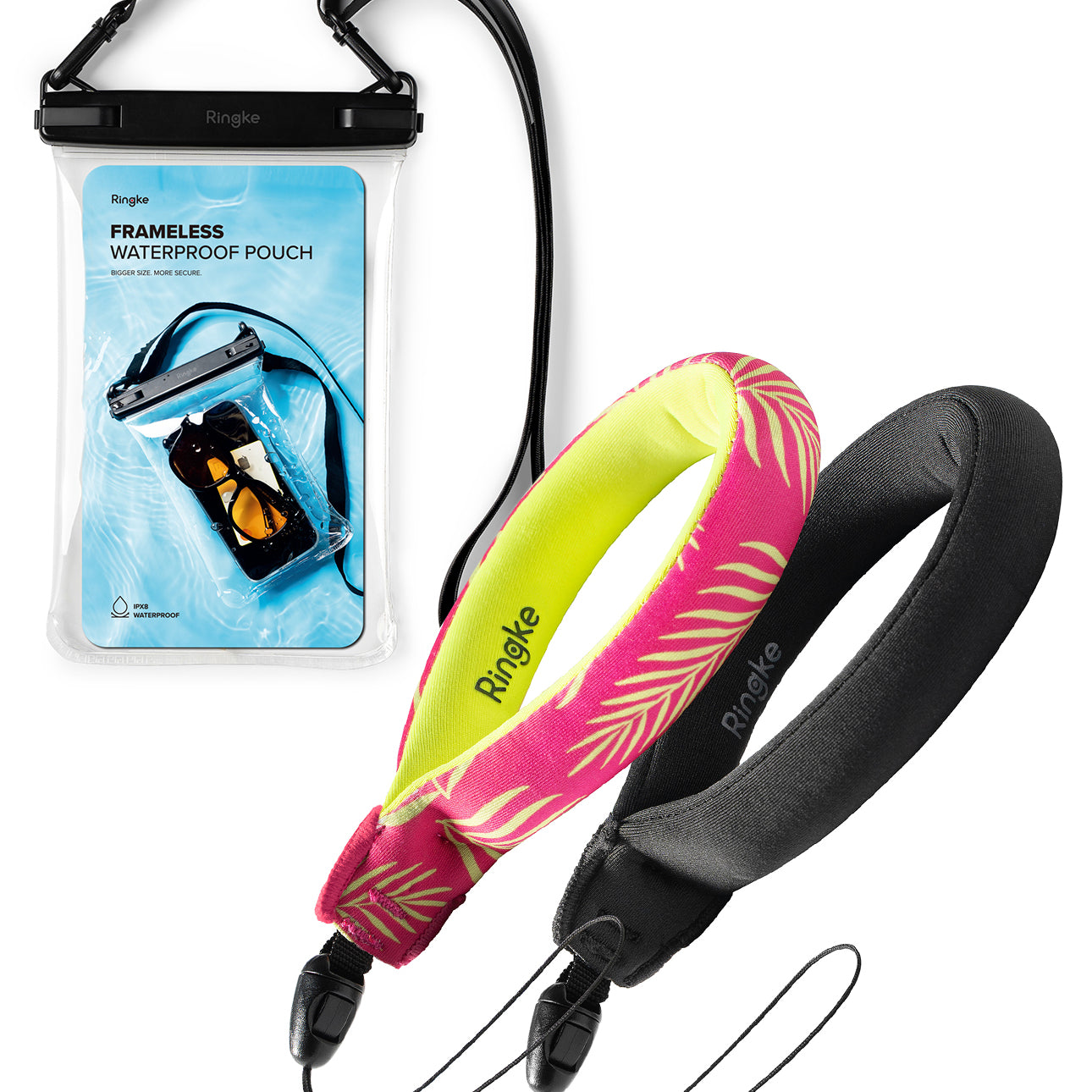 Palm Leaves / Black Floating Strap & Frameless Waterproof Pouch | Ringle frameless waterproof pouch with a colorful strap on a white background