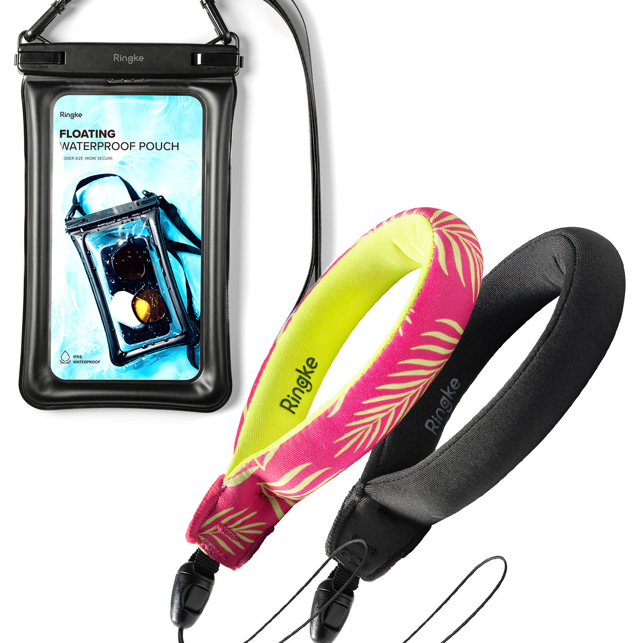 Palm Leaves / Black Floating Strap & Floating Waterproof Pouch | Ringke waterproof pouch and lanyard with pink and yellow design on a white background