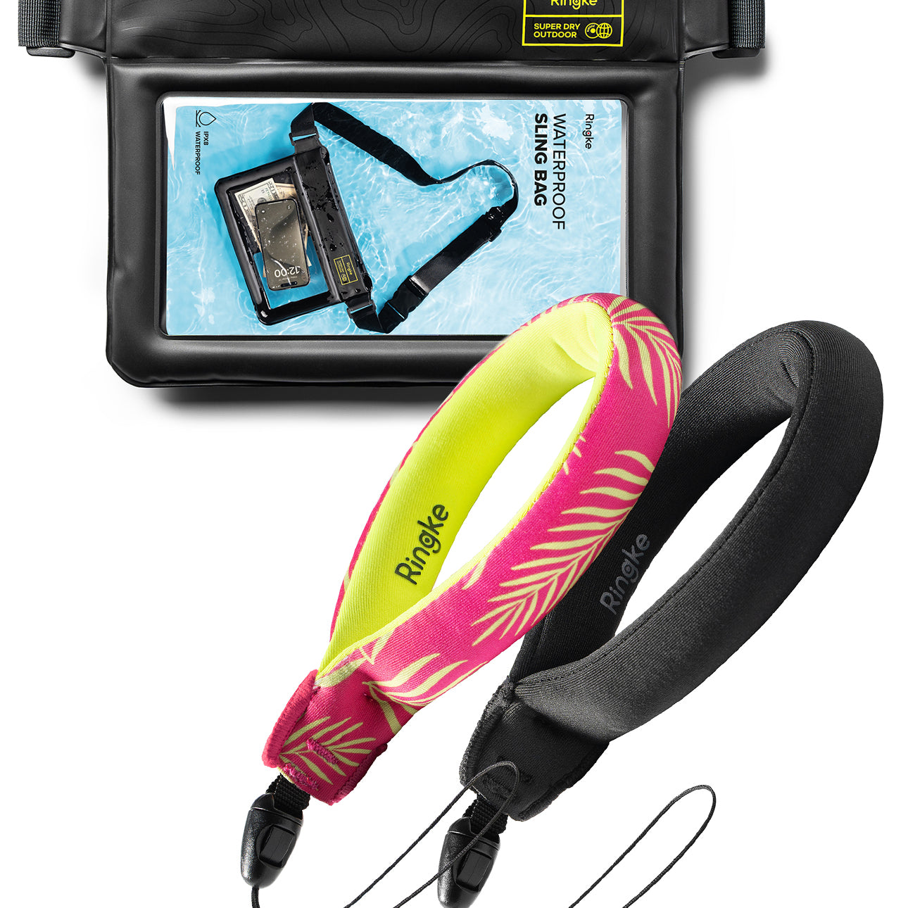 Palm Leaves / Black Floating Strap & Waterproof Sling Bag | Ringle waterproof phone case with a pink and yellow strap on a white background