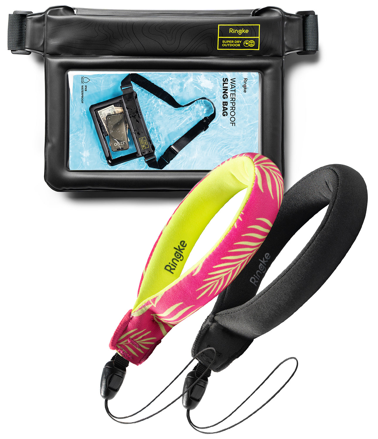Palm Leaves / Black Floating Strap & Waterproof Sling Bag | Ringle waterproof phone case with a pink and yellow strap on a white background