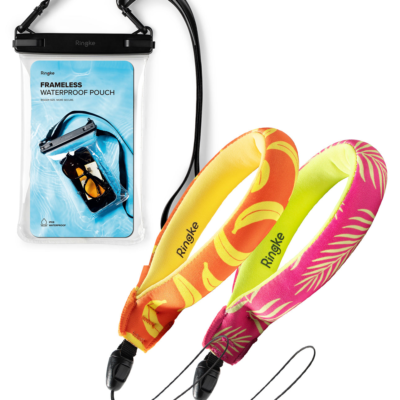 Palm Leaves / Banana Floating Strap & Frameless Waterproof Pouch | Two colorful headbands with a frameless waterproof pouch on a white background