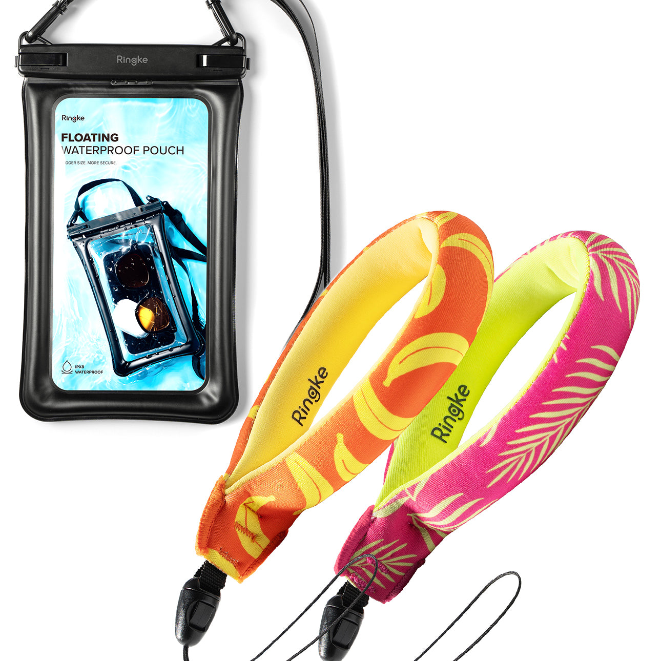 Palm Leaves / Banana Floating Strap & Floating Waterproof Pouch | Floating waterproof pouch with colorful straps on a white background