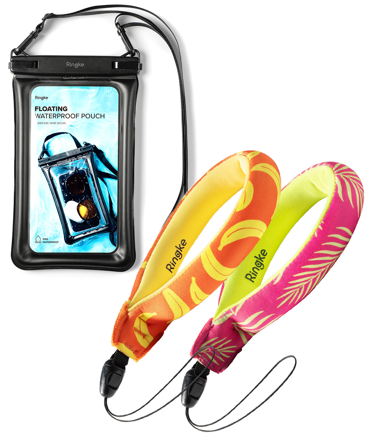 Palm Leaves / Banana Floating Strap & Floating Waterproof Pouch | Floating waterproof pouch with colorful straps on a white background