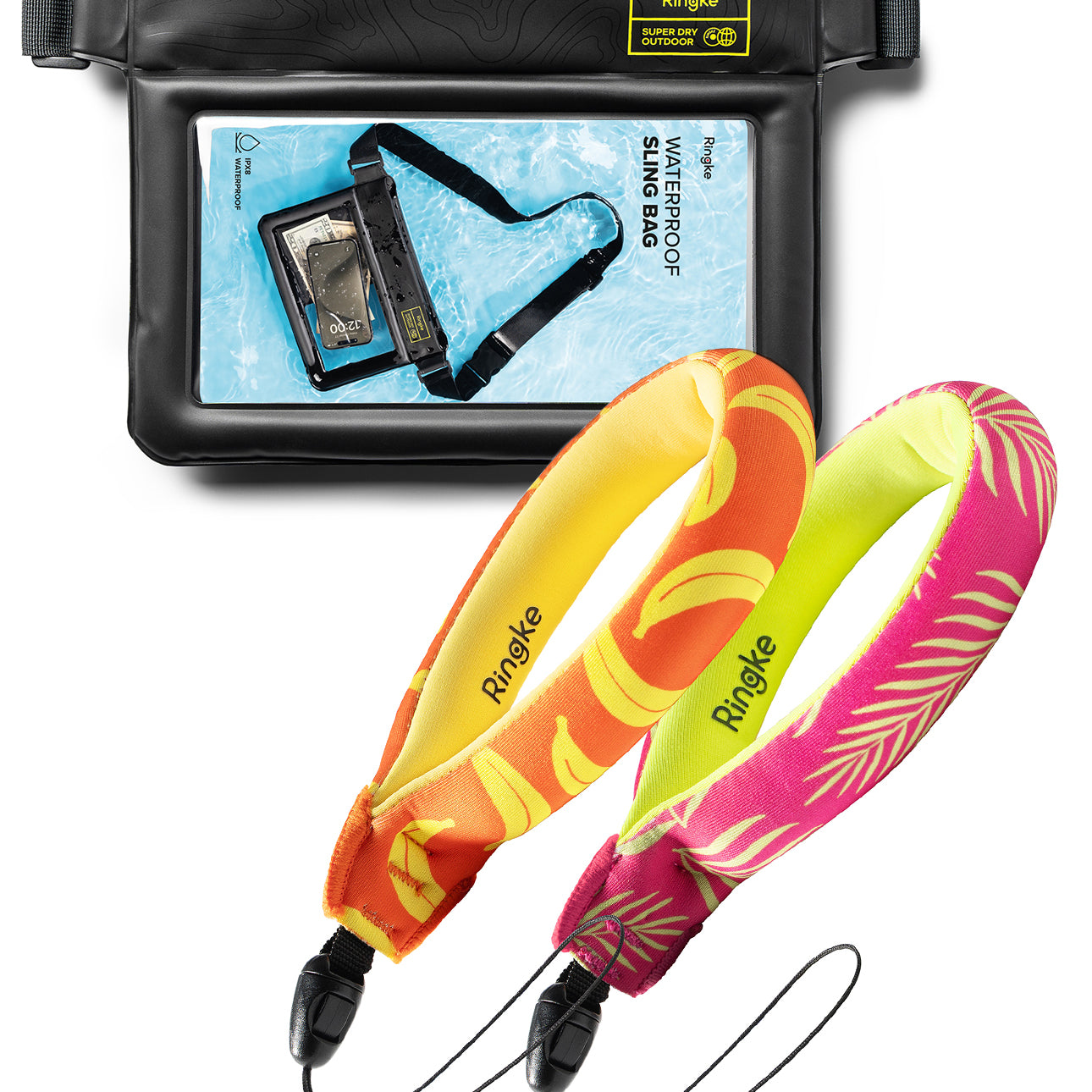 Palm Leaves / Banana Floating Strap & Waterproof Sling Bag | Waterproof phone case and colorful lanyards with Ringke branding on a white background