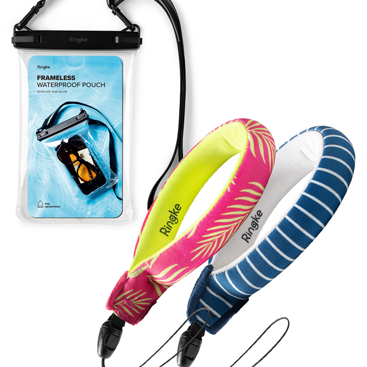 Palm Leaves / Navy Stripes Floating Strap & Frameless Waterproof Pouch | Two umbrellas with colorful handles and a Frameless Waterproof Pouch on a white background