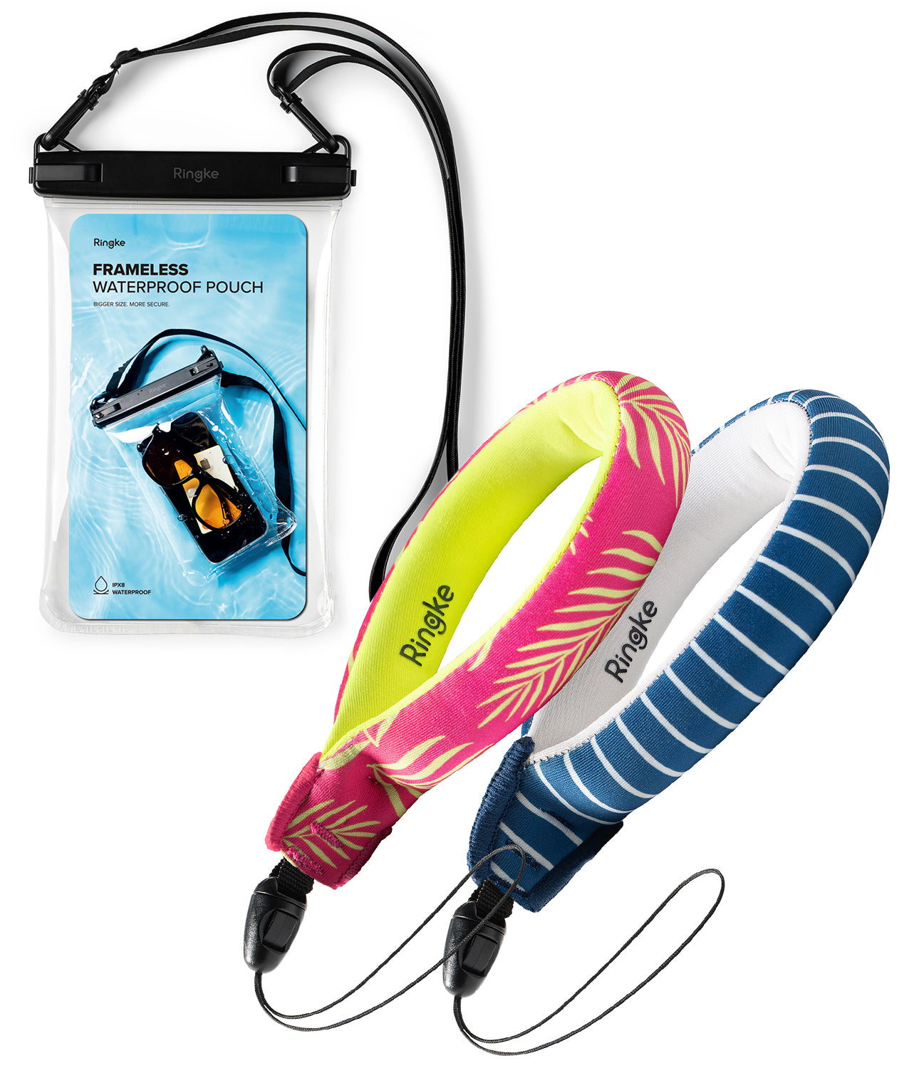 Palm Leaves / Navy Stripes Floating Strap & Frameless Waterproof Pouch | Two umbrellas with colorful handles and a Frameless Waterproof Pouch on a white background