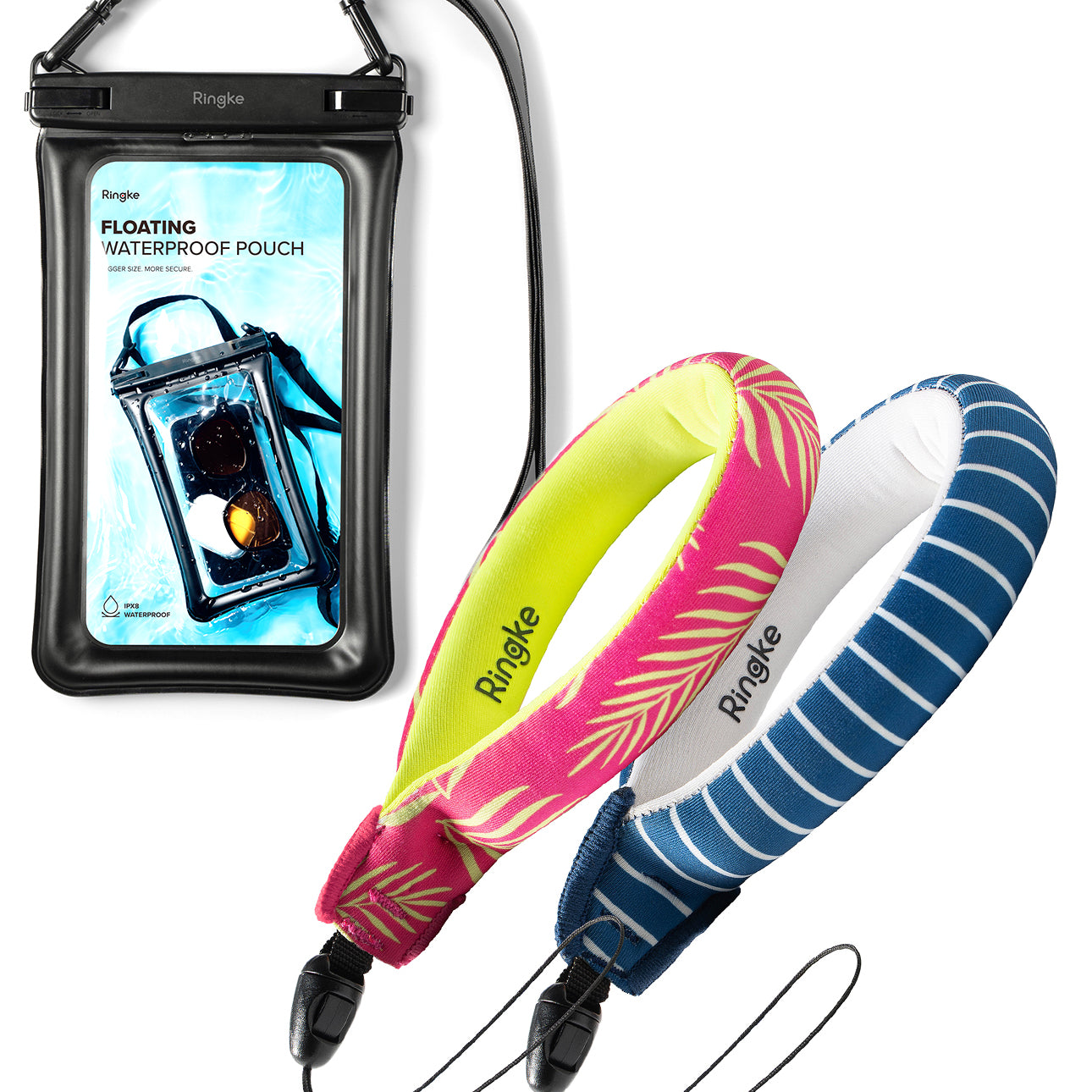 Palm Leaves / Navy Stripes Floating Strap & Floating Waterproof Pouch | Ringke floating waterproof pouch with two colorful phone straps on a white background
