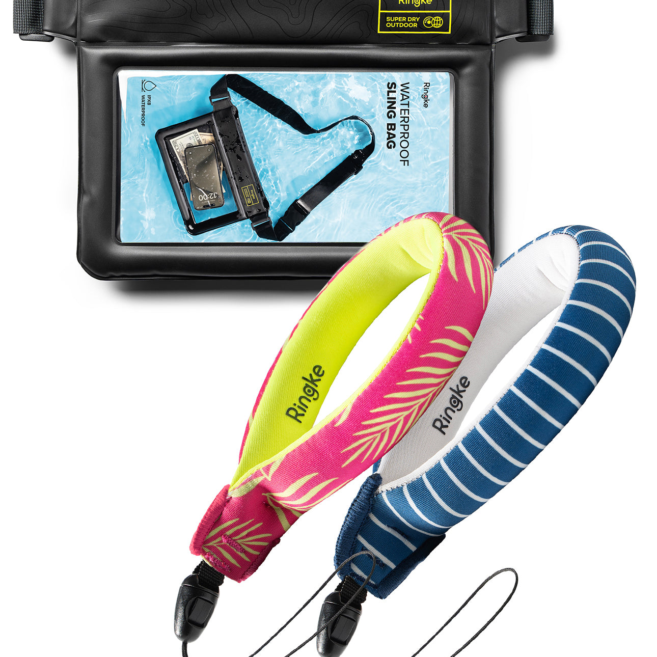 Palm Leaves / Navy Stripes Floating Strap & Waterproof Sling Bag | Ringke waterproof phone case with colorful shoulder straps on a white background