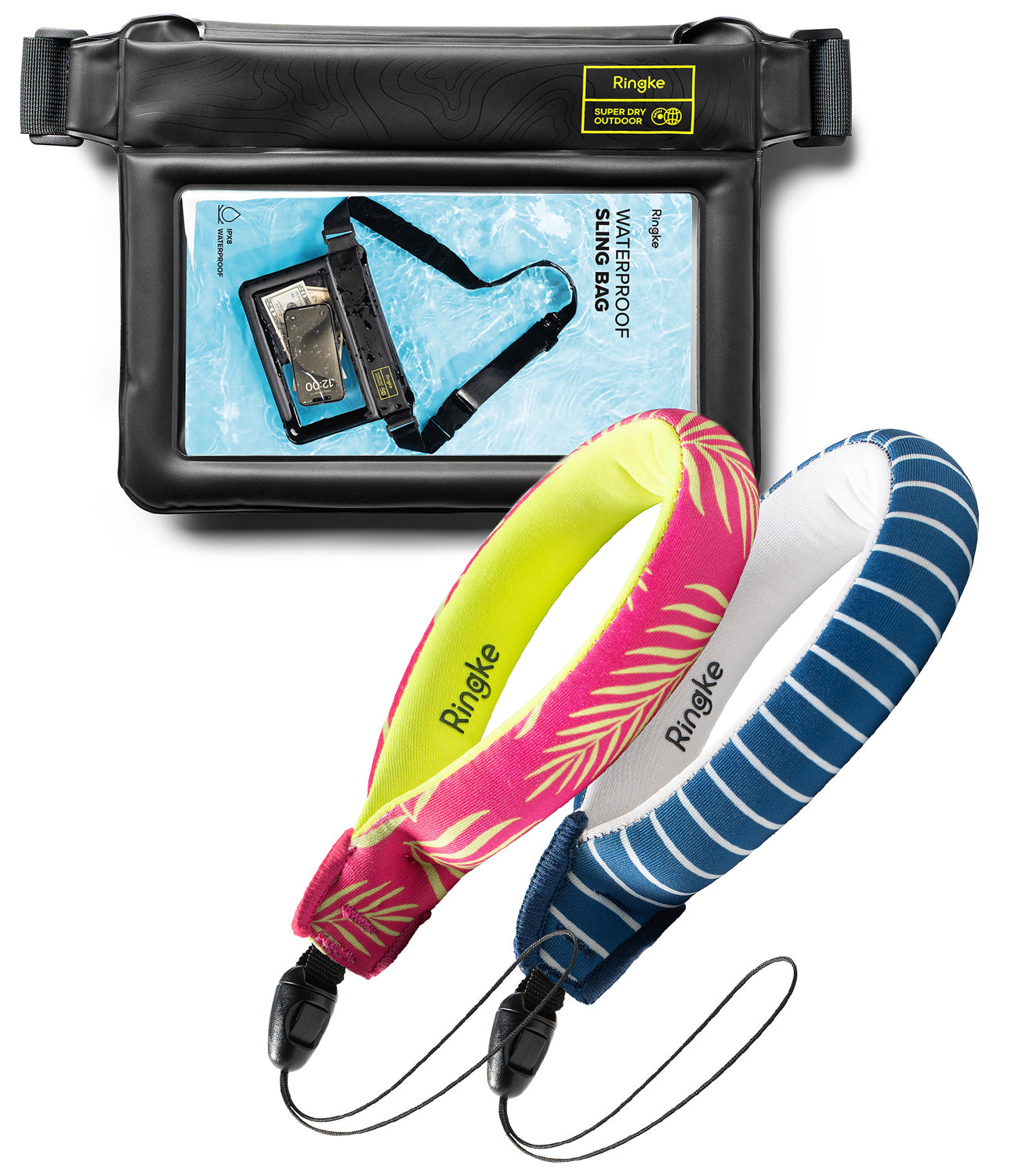 Palm Leaves / Navy Stripes Floating Strap & Waterproof Sling Bag | Ringke waterproof phone case with colorful shoulder straps on a white background