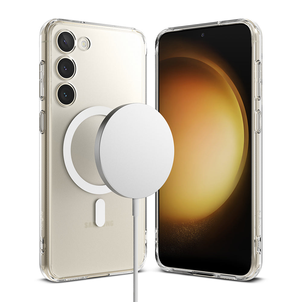 Galaxy S23 Plus Case | Fusion Magnetic Matte - Clear phone case on a gold Galaxy S23 Plus with a magnetic charging puck.