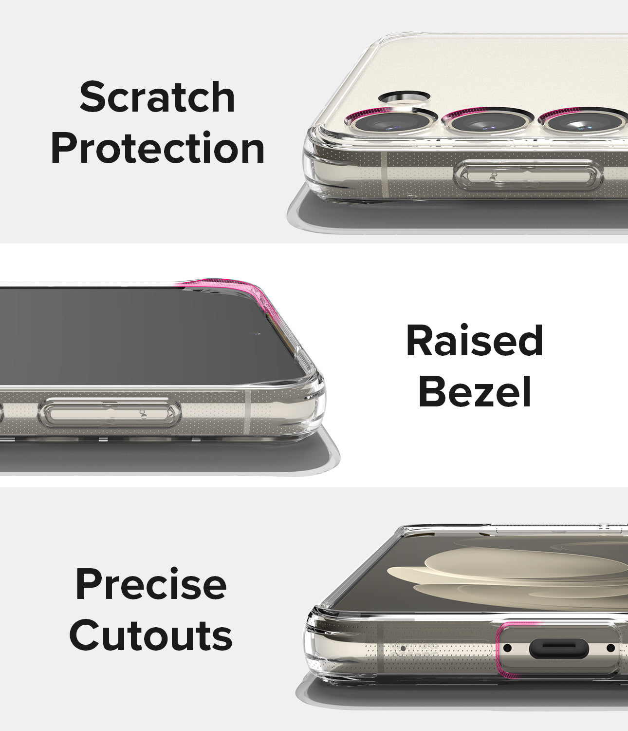 Galaxy S23 Plus Case | Fusion Magnetic Matte - Three close-up views showing camera protection, raised bezels, and precise port cutouts.