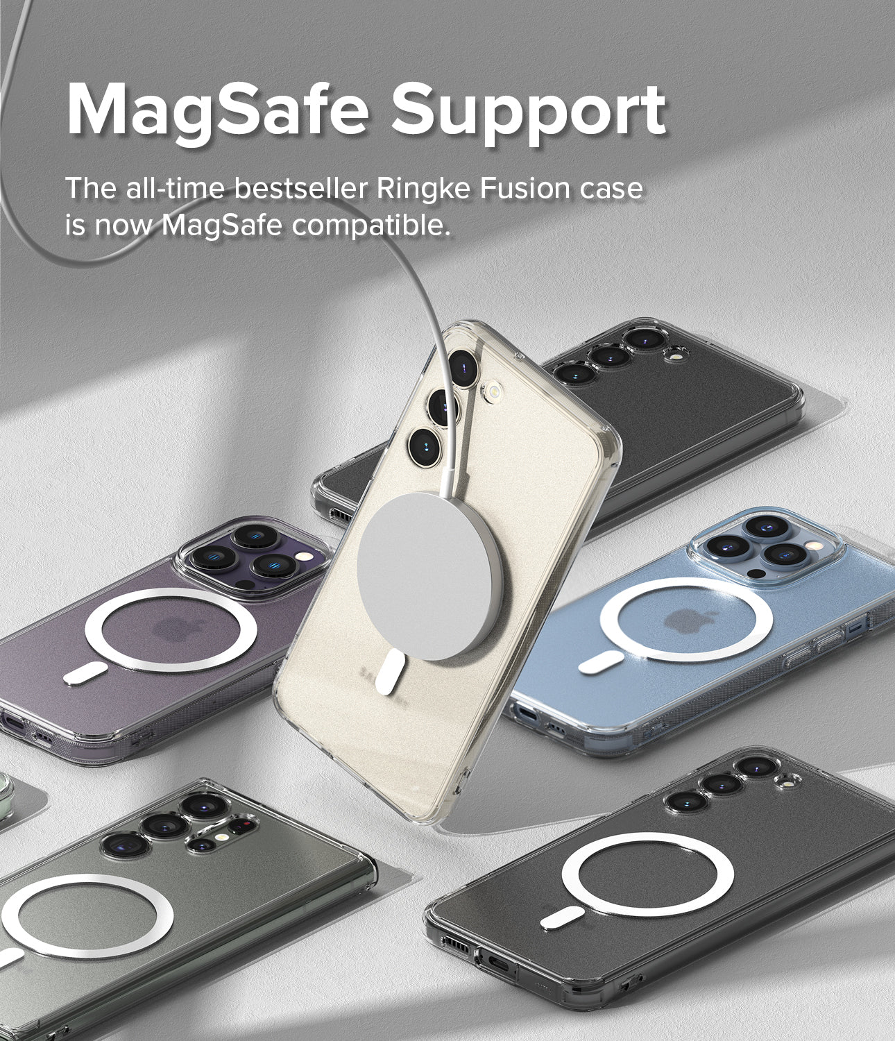 Galaxy S23 Plus Case | Fusion Magnetic Matte - Multiple phones in magnetic cases with a central MagSafe charger.