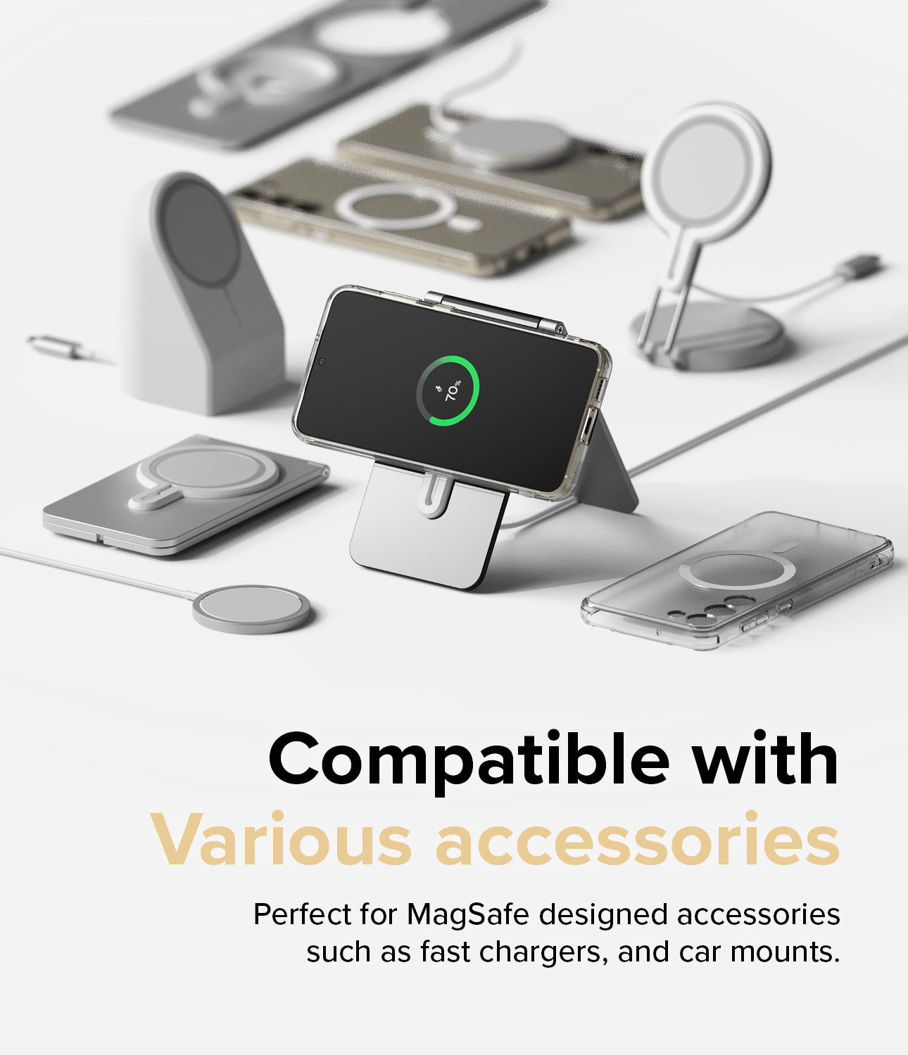 Galaxy S23 Plus Case | Fusion Magnetic Matte - A phone in a magnetic case surrounded by various MagSafe chargers and accessories.