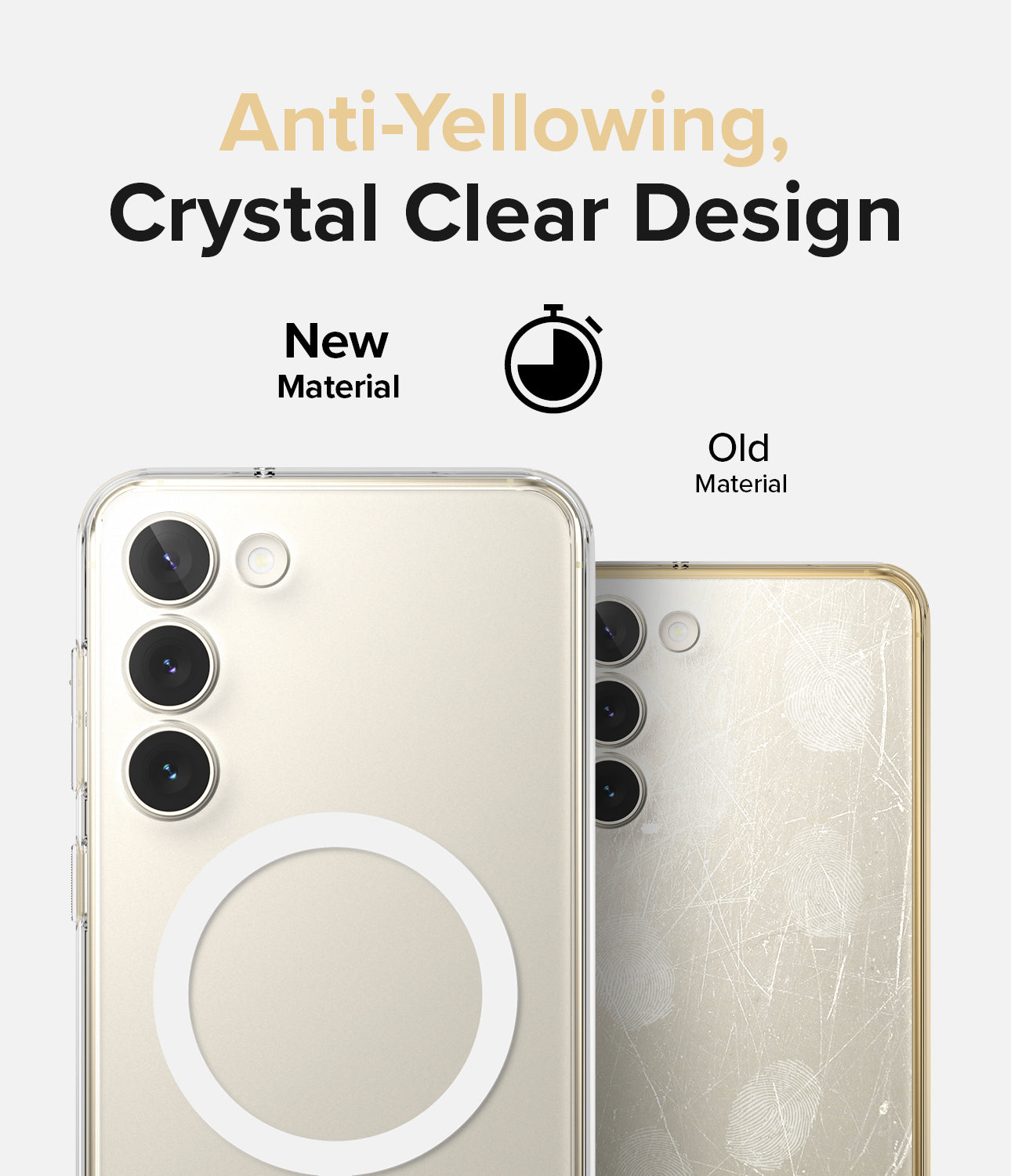 Galaxy S23 Plus Case | Fusion Magnetic Matte - Comparison of a clear, pristine phone case versus a yellowed, scratched one.