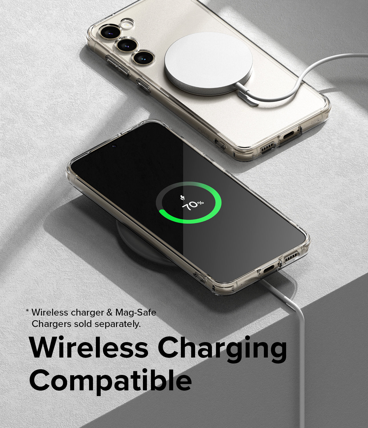 Galaxy S23 Plus Case | Fusion Magnetic Matte - Two phones in clear cases charging wirelessly on a gray surface.
