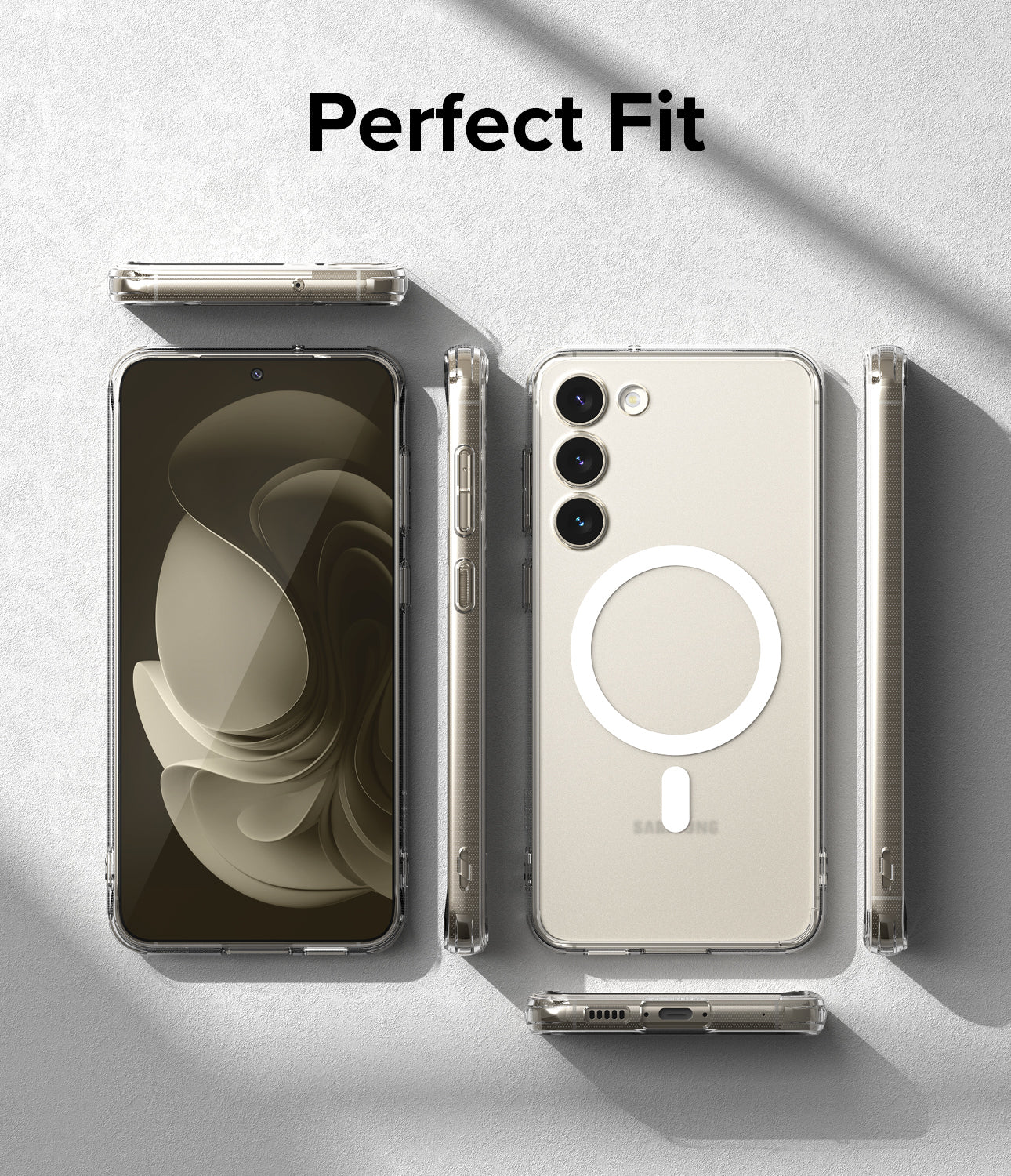 Galaxy S23 Plus Case | Fusion Magnetic Matte - Multiple views of a clear phone case with a white magnetic ring.