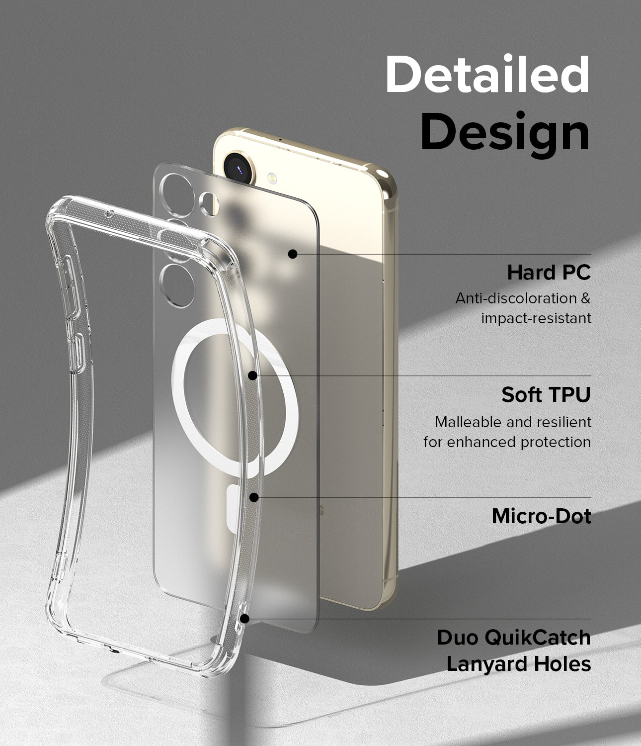 Galaxy S23 Plus Case | Fusion Magnetic Matte - Exploded view of phone case layers highlighting PC, TPU, and lanyard holes.