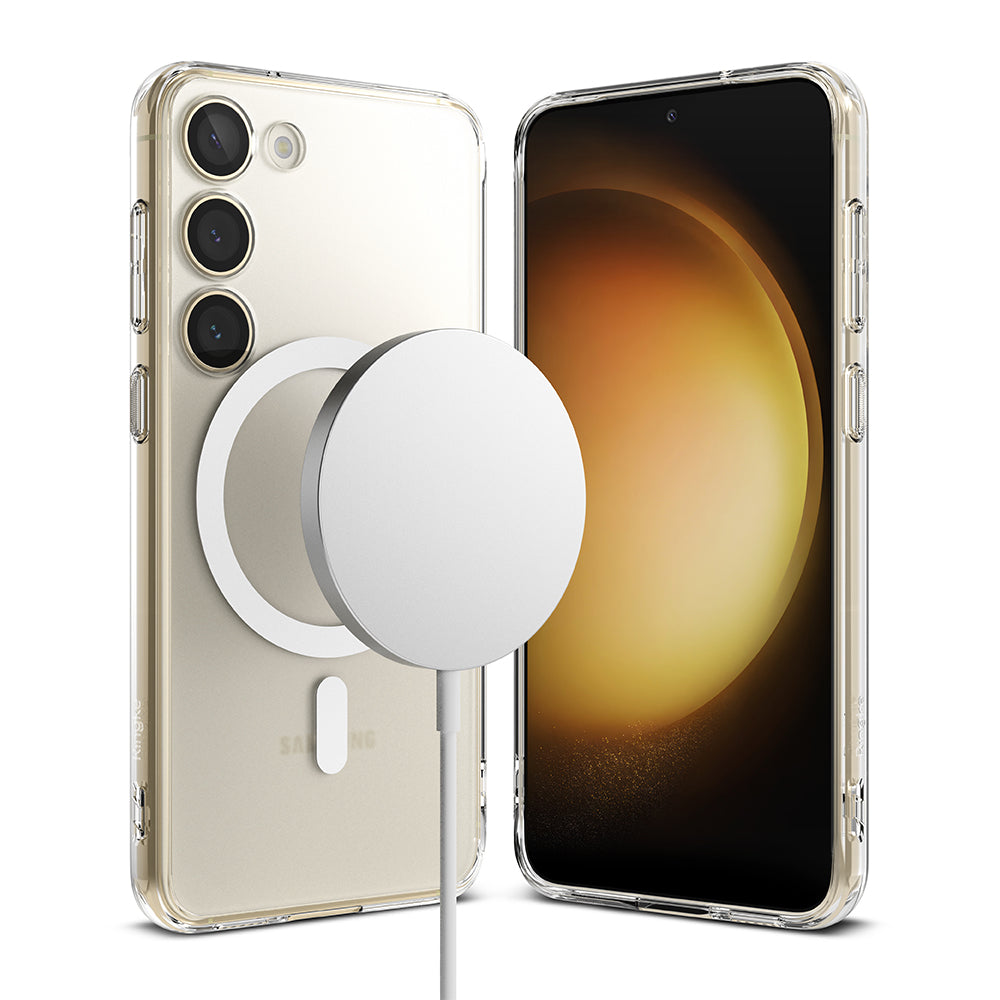 Galaxy S23 Case | Fusion Magnetic Matte - Clear phone case on a Galaxy S23 with a white magnetic wireless charger attached.