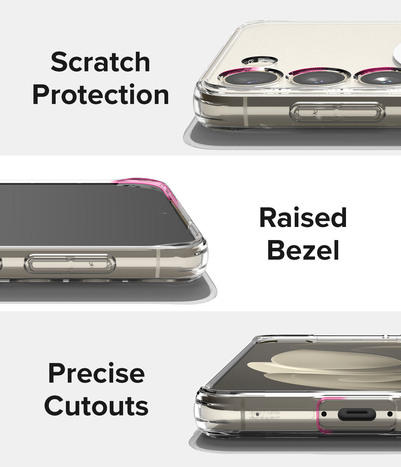 Galaxy S23 Case | Fusion Magnetic Matte - Three close-up views showing scratch protection, raised bezels, and precise port cutouts.