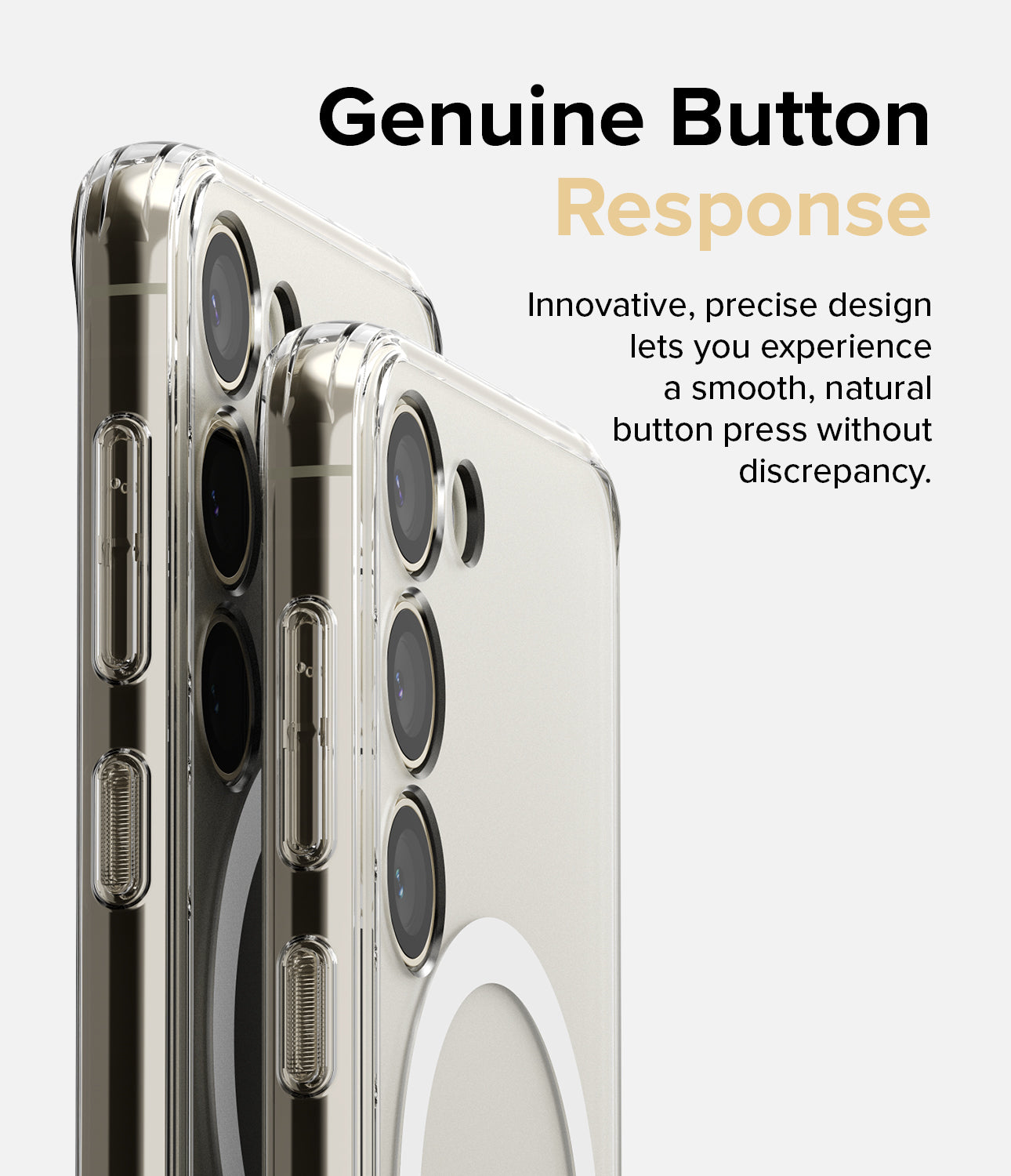 Galaxy S23 Case | Fusion Magnetic Matte - Close-up of two clear phone cases highlighting precise button cutouts.