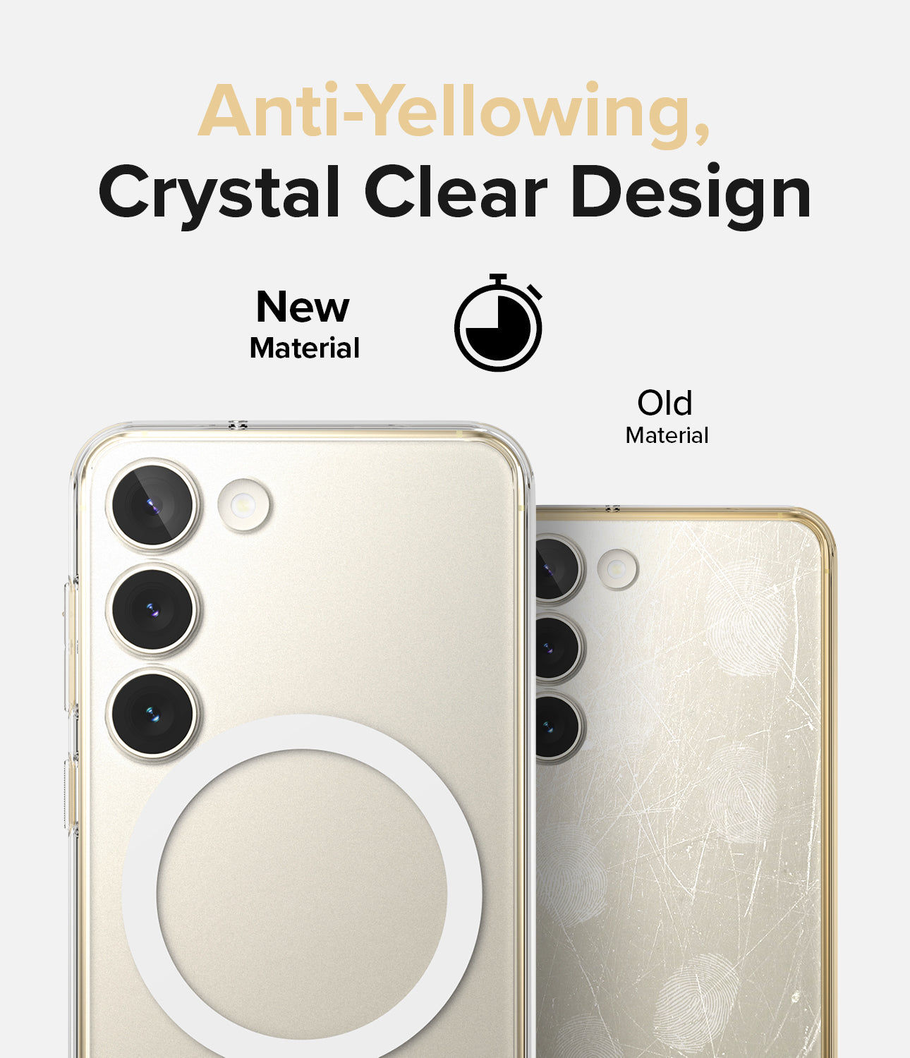 Galaxy S23 Case | Fusion Magnetic Matte - Comparison of a clear, scratch-free case vs. a yellowed, scratched old case.