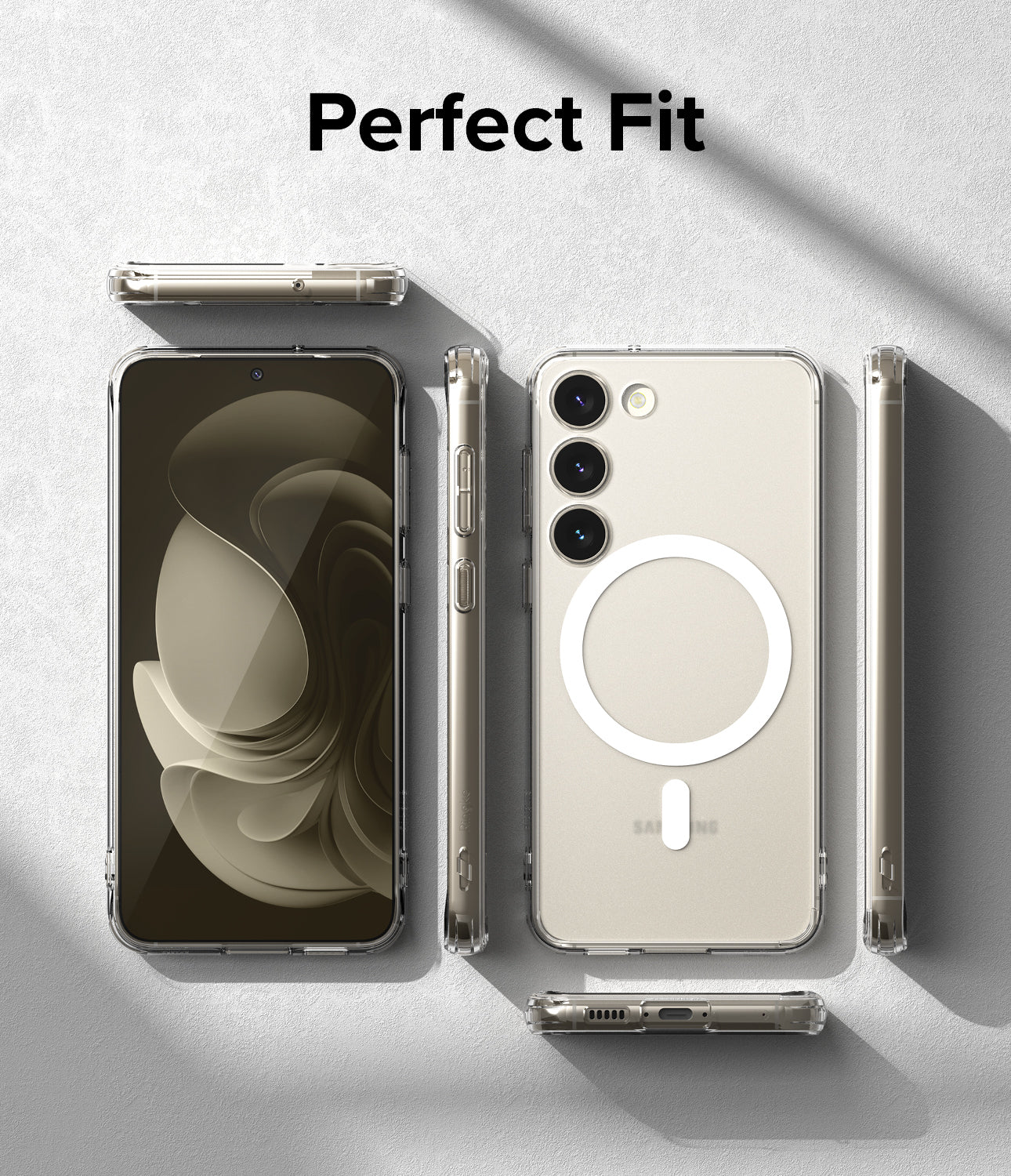 Galaxy S23 Case | Fusion Magnetic Matte - Multiple views of a clear phone case with a magnetic ring on a textured background.
