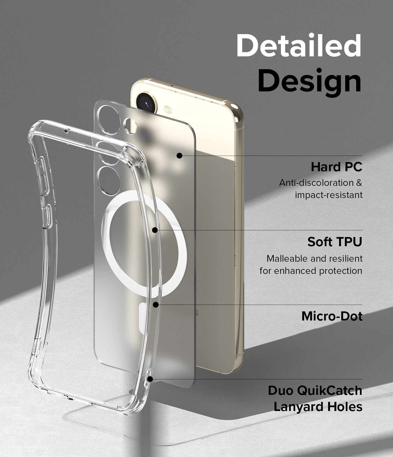 Galaxy S23 Case | Fusion Magnetic Matte - Exploded view of phone case layers showing hard PC, soft TPU, and lanyard holes.