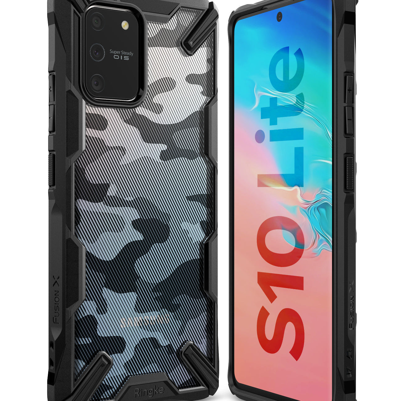 Galaxy S10 Lite Case | Fusion-X - Black rugged phone case with camo back panel shown from front and back angles.