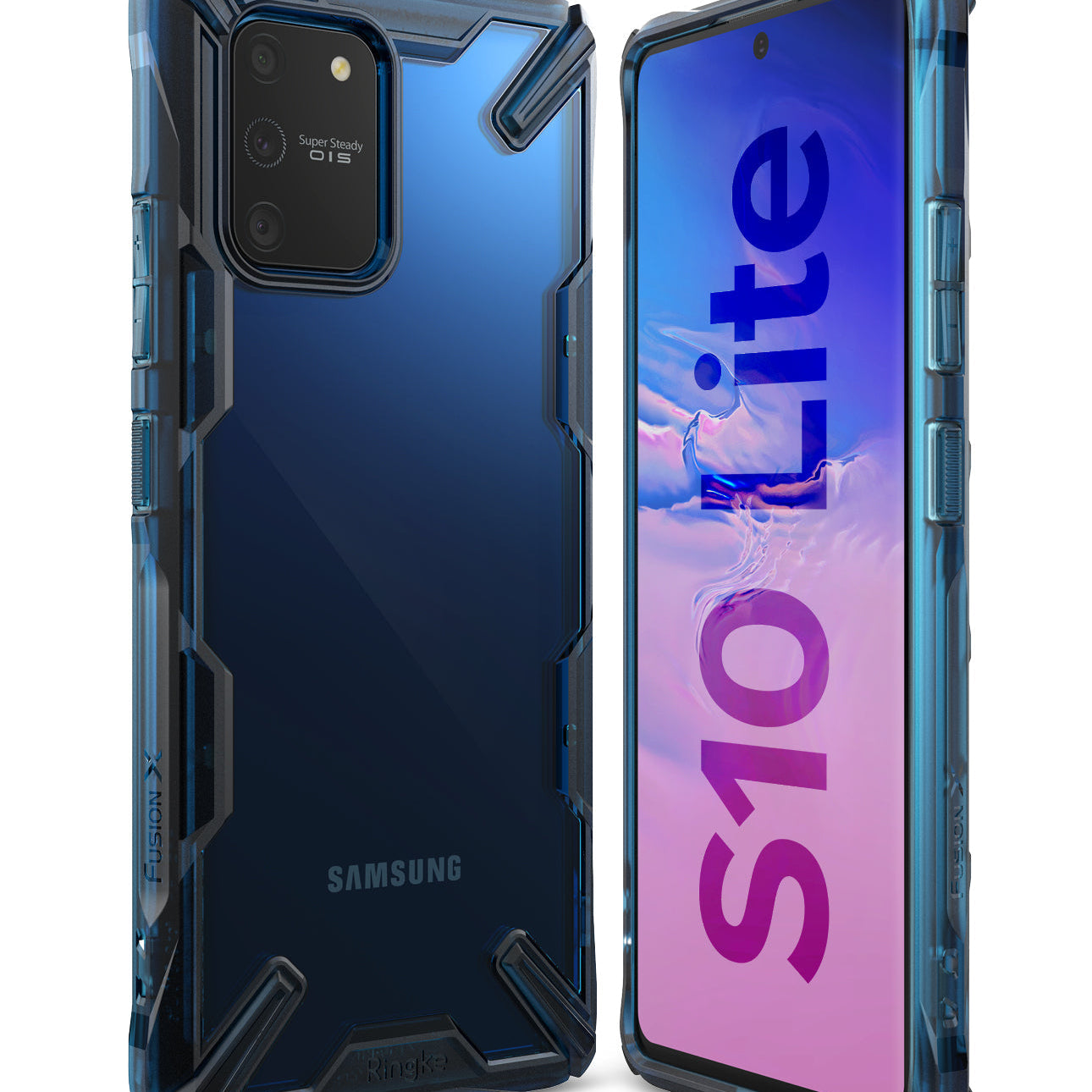 Galaxy S10 Lite Case | Fusion-X - Blue rugged transparent phone case showing front and back views of a Galaxy S10 Lite.