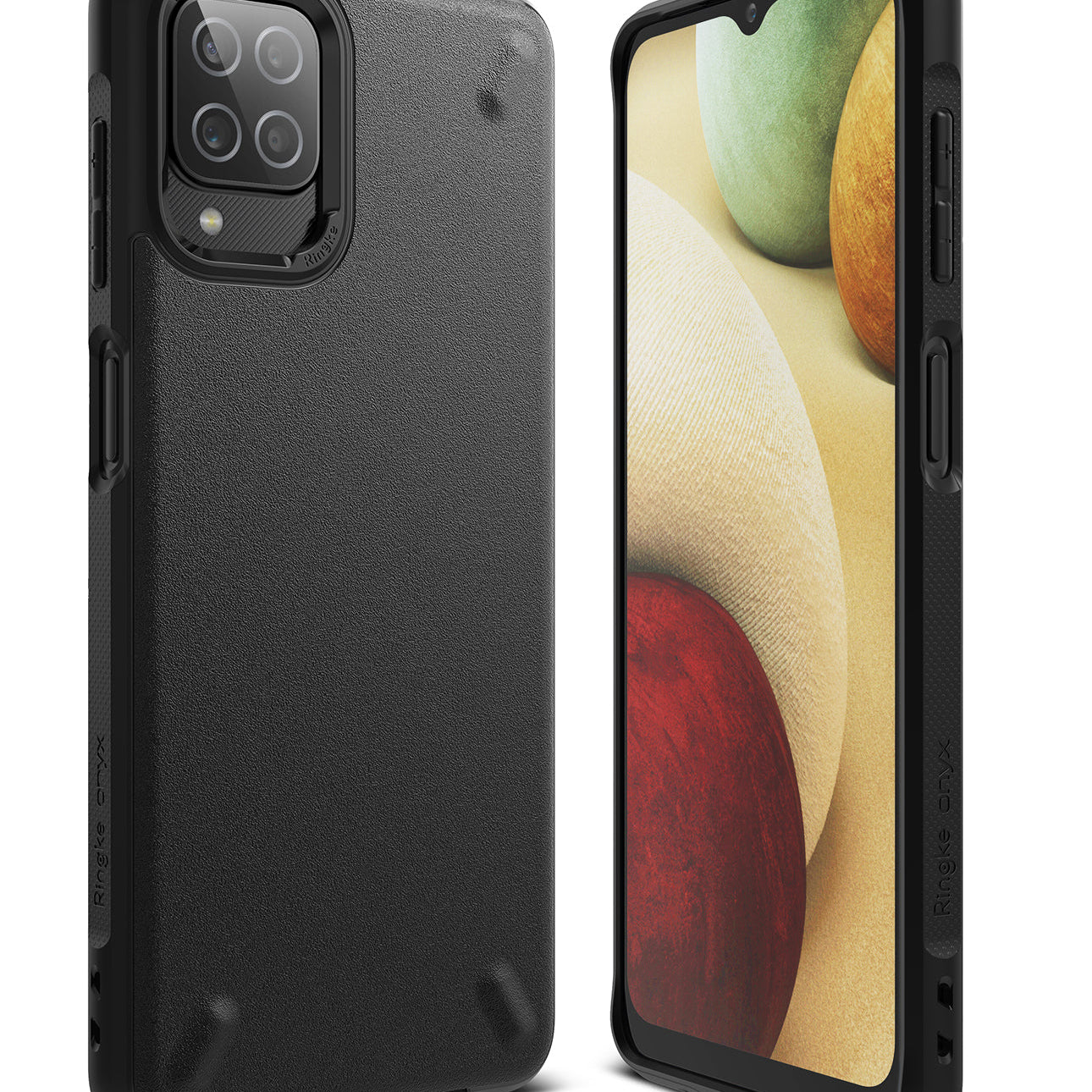 Galaxy A12 / A02 Case | Onyx - Matte black protective phone case shown from the back and front with a textured finish.