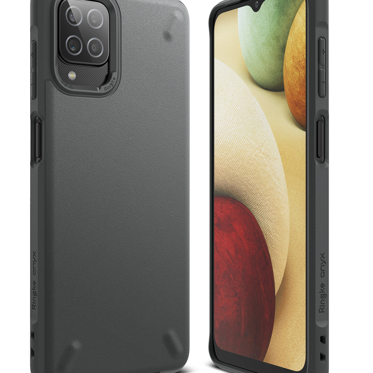 Galaxy A12 / A02 Case | Onyx - Matte black protective phone case shown from the back and front with a colorful screen.
