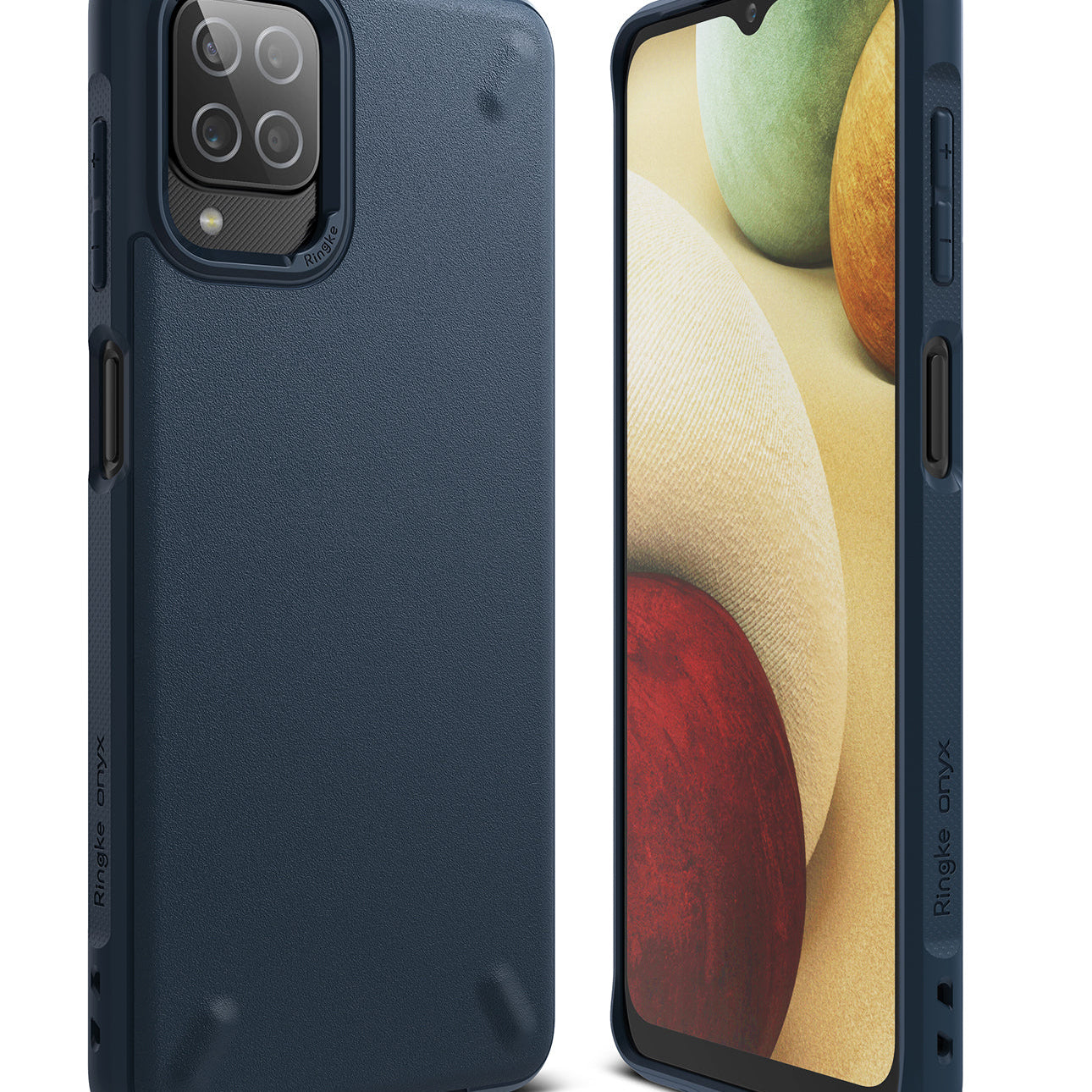 Galaxy A12 / A02 Case | Onyx - Navy blue protective phone case shown from back and front angles with a textured finish.