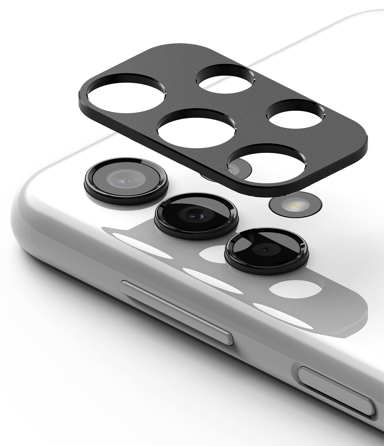 Galaxy A13 4G(LTE) | Camera Styling - Black camera lens protector being applied to a white Galaxy A13 smartphone.