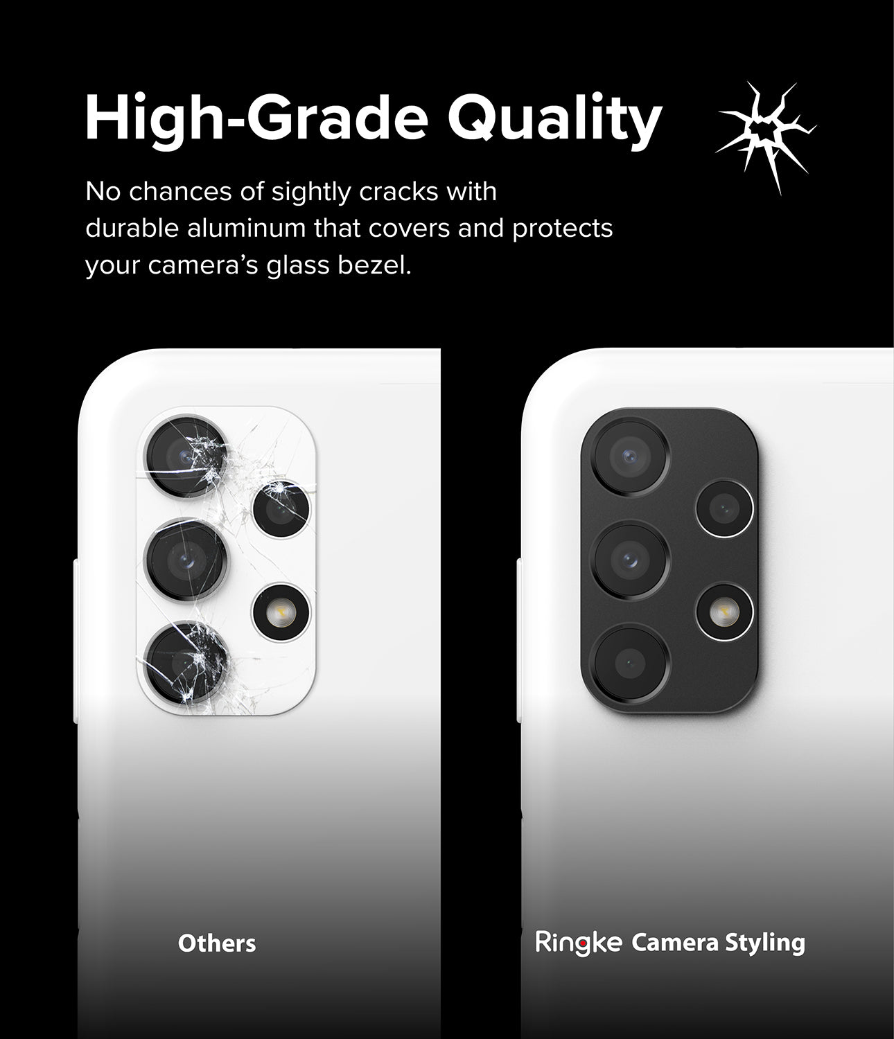 Galaxy A13 4G(LTE) | Camera Styling - Side-by-side comparison showing clear flash light with Ringke styling versus blocked light.