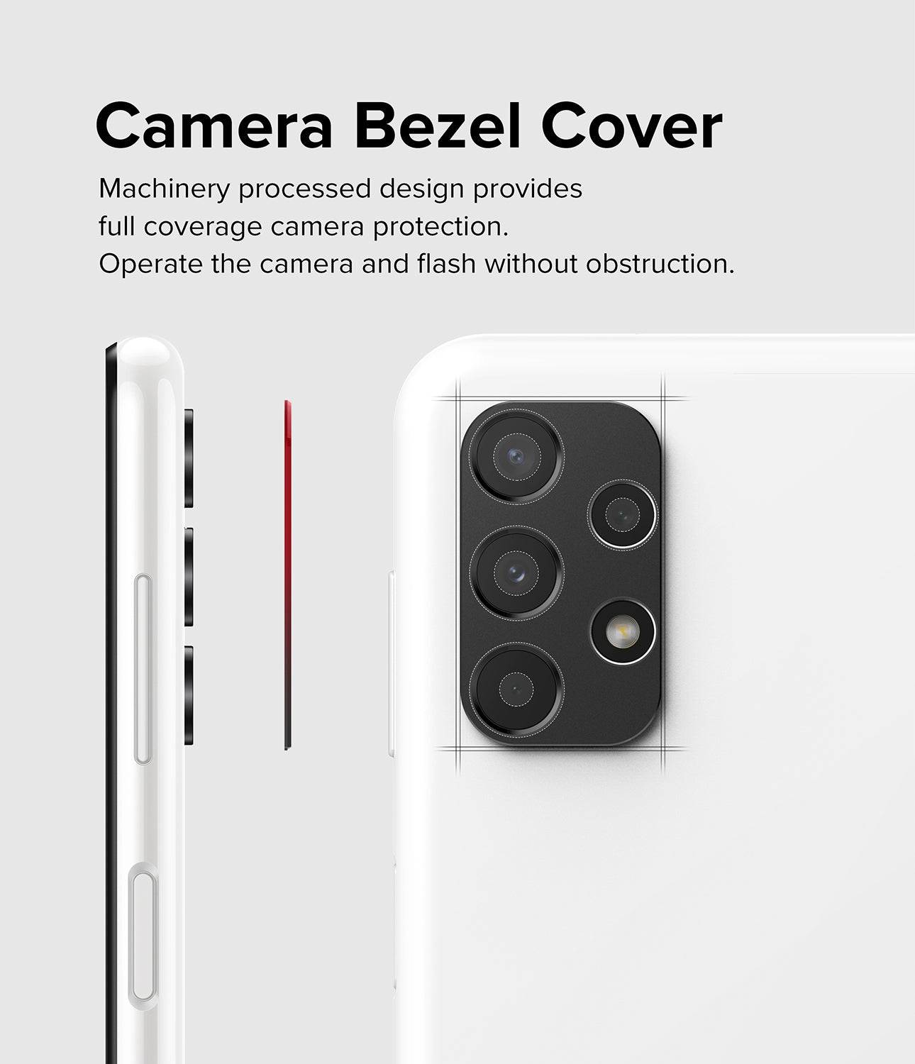 Galaxy A13 4G(LTE) | Camera Styling - Black camera lens protector being applied to a clear-cased Galaxy A13 smartphone.
