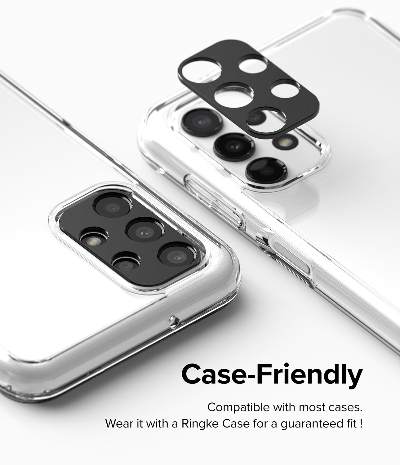 Galaxy A13 4G(LTE) | Camera Styling - White phone with a black camera cover, showing fitment details for Ringke cases.