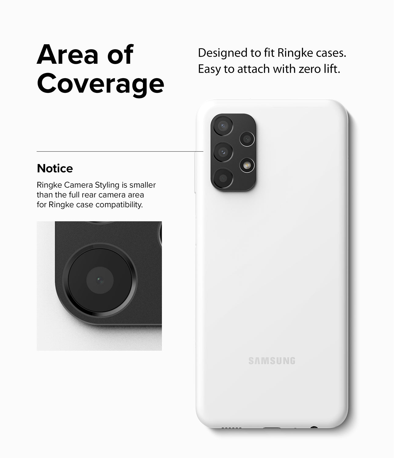 Galaxy A13 4G(LTE) | Camera Styling - Installation guide showing camera lens protector dimensions and four steps.