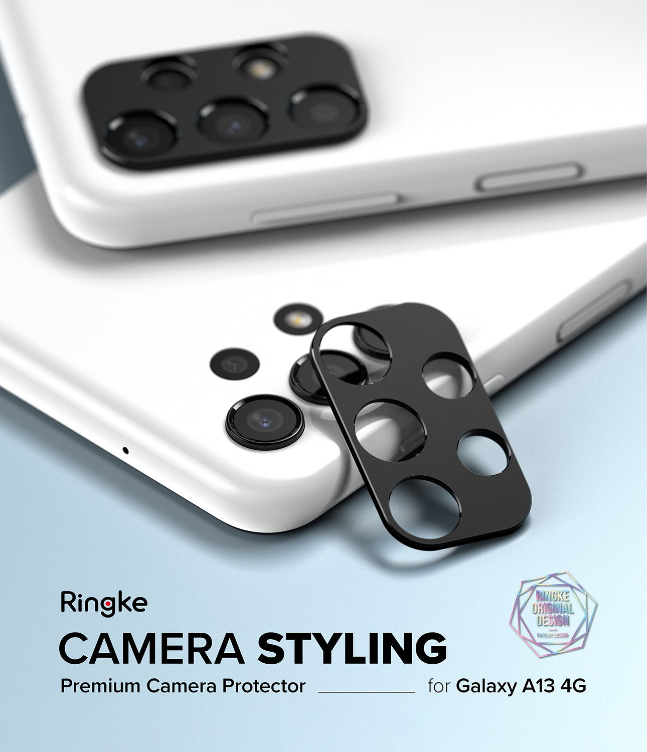 Galaxy A13 4G(LTE) | Camera Styling - Light blue Samsung Galaxy A13 4G smartphone shown from front and back with a green checkmark.