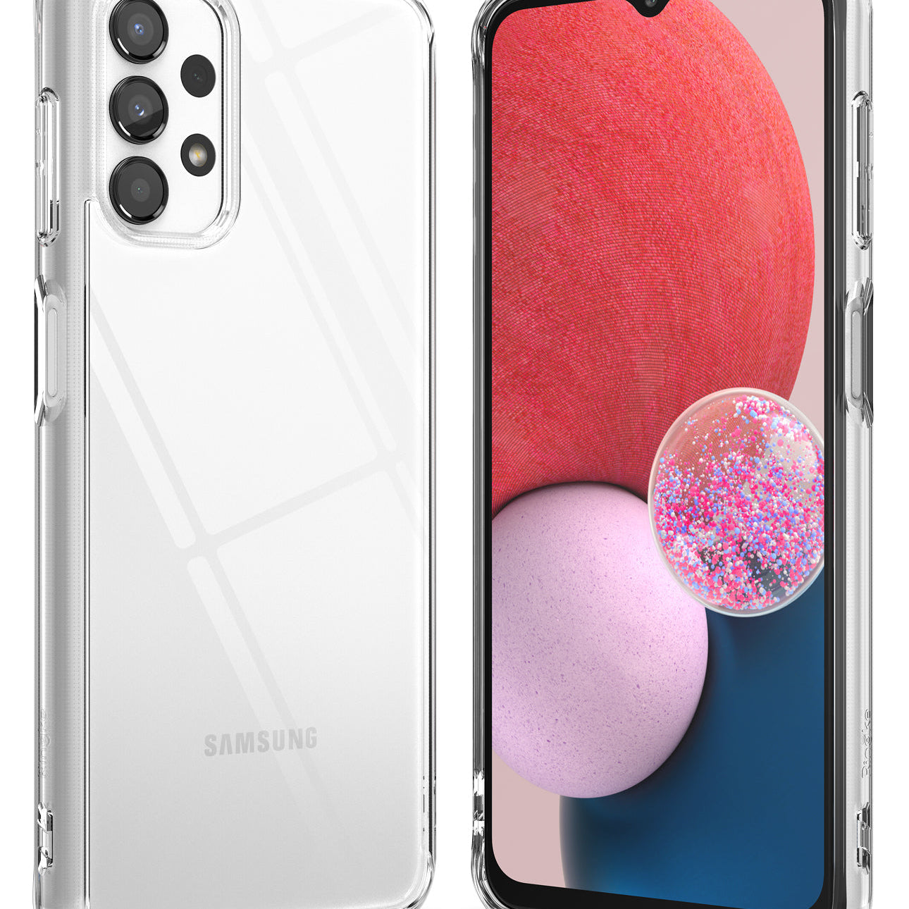 Galaxy A13 4G (LTE) Case | Fusion - Clear protective case shown on the back and front of a Samsung Galaxy A13 phone.