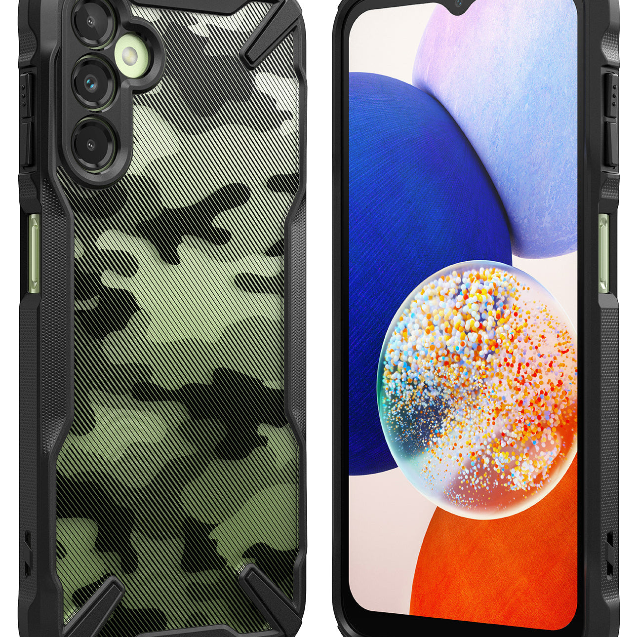 Galaxy A14 Case | Fusion-X - Three Galaxy A14 phones in black Fusion-X cases with clear, camo, and screen-up views on a dark surface.