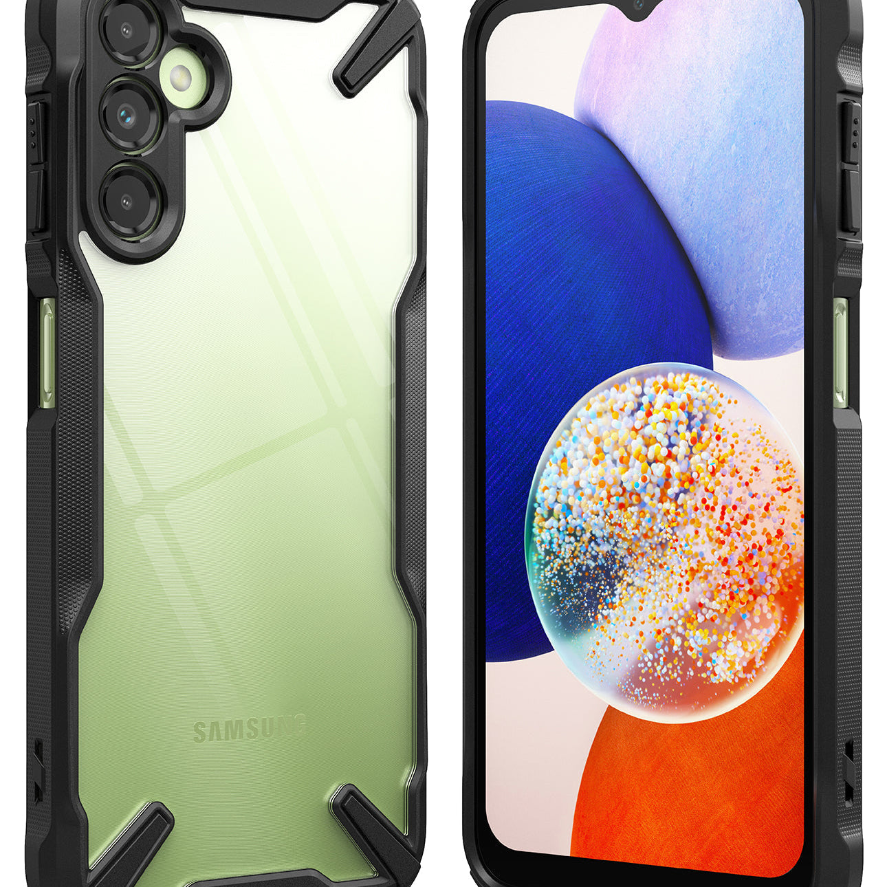 Galaxy A14 Case | Fusion-X - Three Galaxy A14 phones in black Fusion-X cases with clear, camo, and screen-facing designs.
