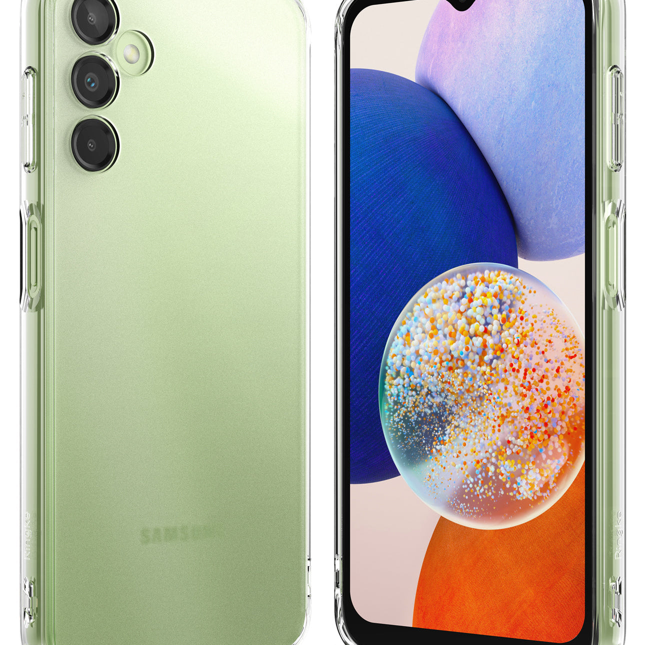 Galaxy A14 Case | Fusion - Clear protective case hovering over a light green Samsung Galaxy A14 5G amidst floating glass orbs.