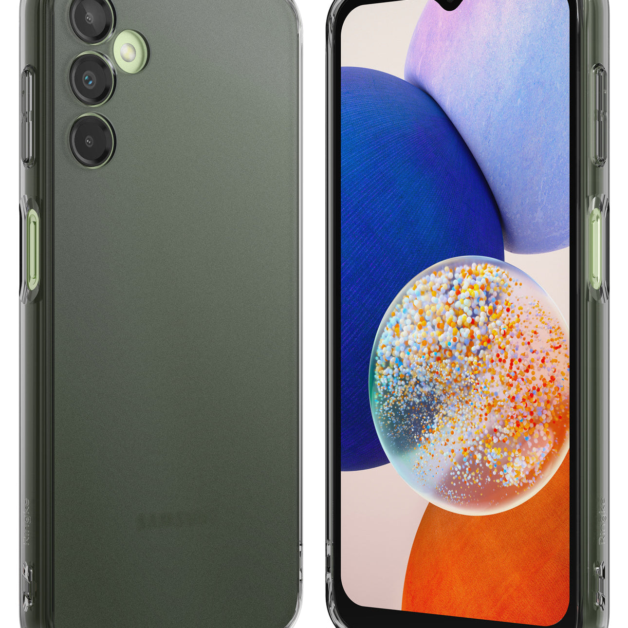Galaxy A14 Case | Fusion - A clear protective phone case floating in front of a light green Samsung Galaxy A14 5G amid glass orbs.