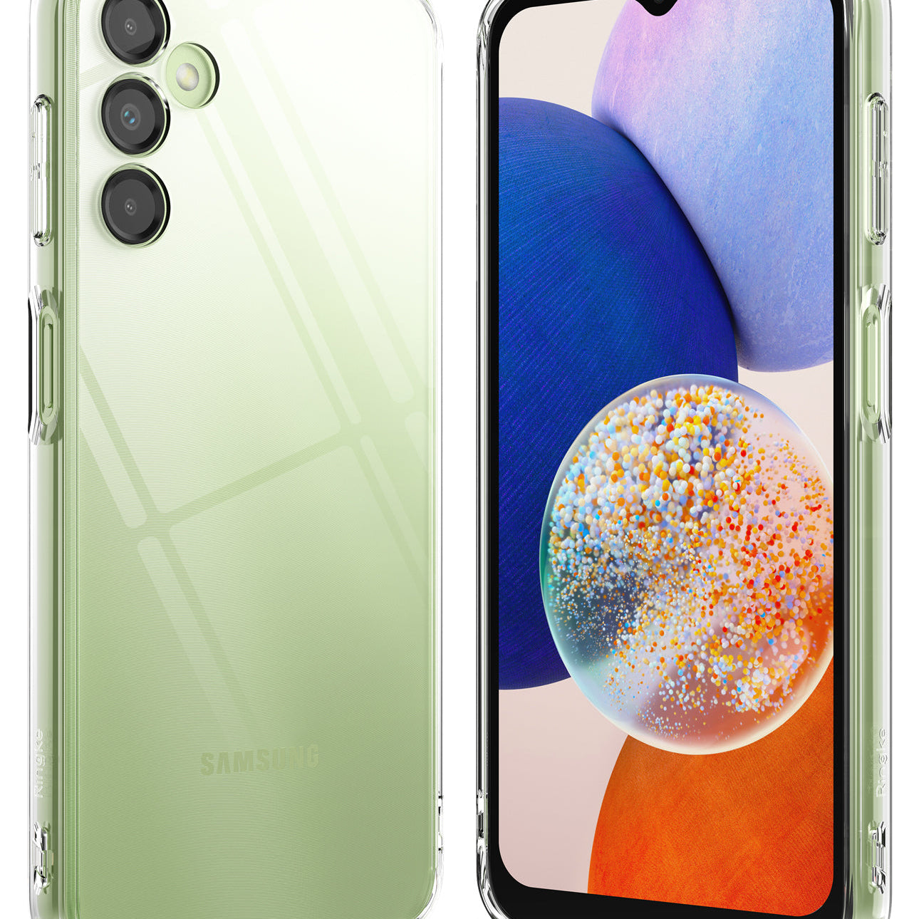 Galaxy A14 Case | Fusion - A clear protective case floating above a light green Samsung Galaxy A14 phone amidst glass orbs.