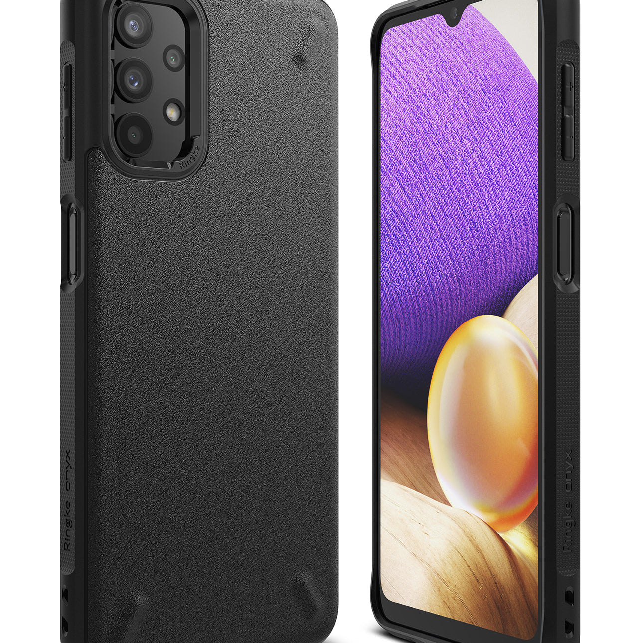 Galaxy A32 5G Case | Onyx - Matte black protective phone case shown from the back and front with a colorful screen display.