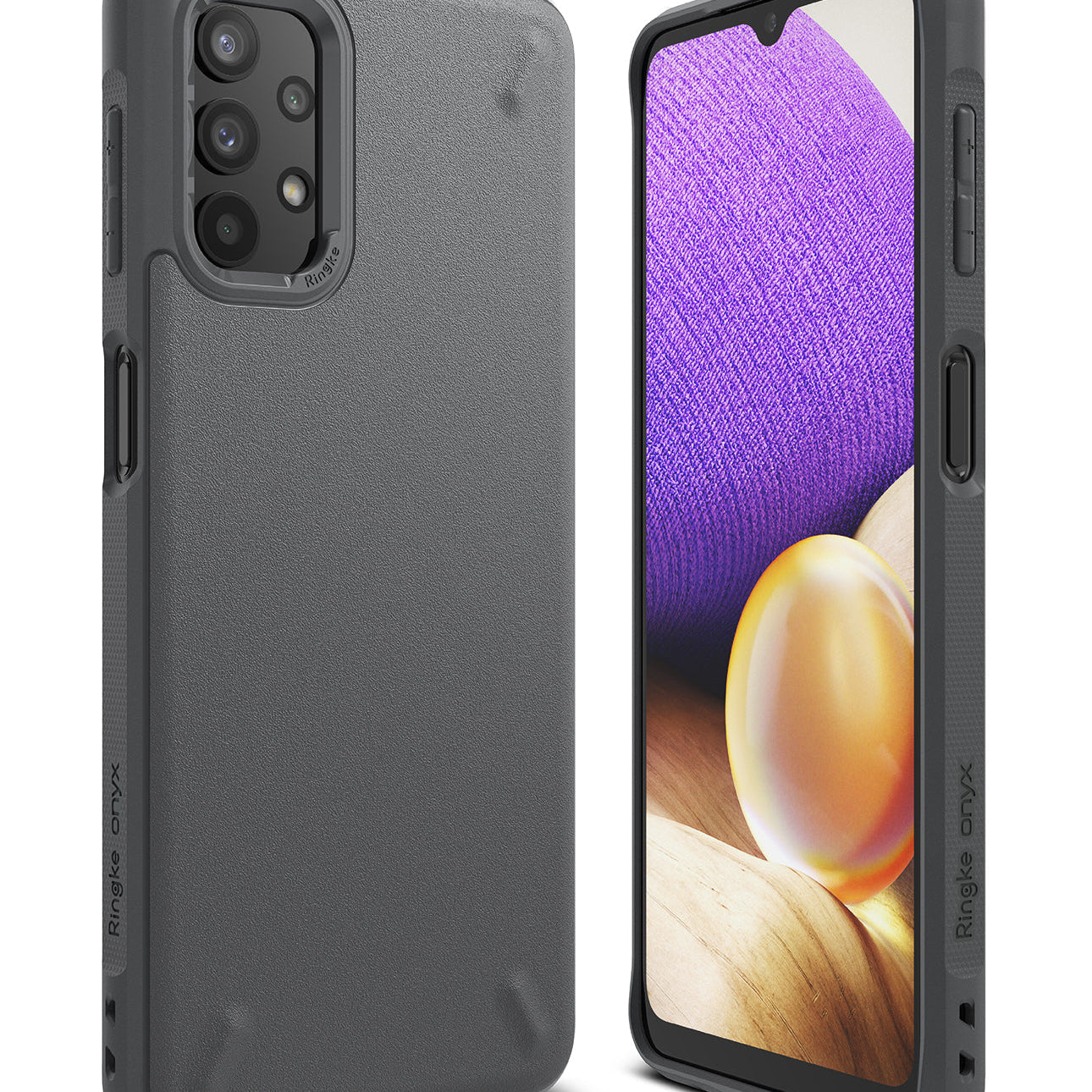 Galaxy A32 5G Case | Onyx - Matte black protective phone case shown from the back and front with a colorful screen display.