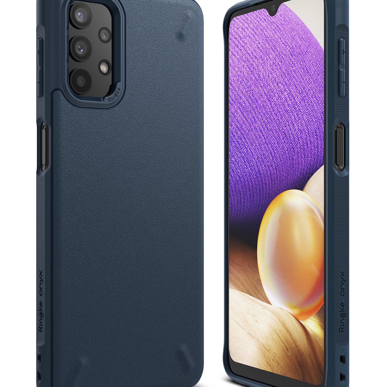 Galaxy A32 5G Case | Onyx - Matte navy blue phone case shown from back and front angles with a textured finish.