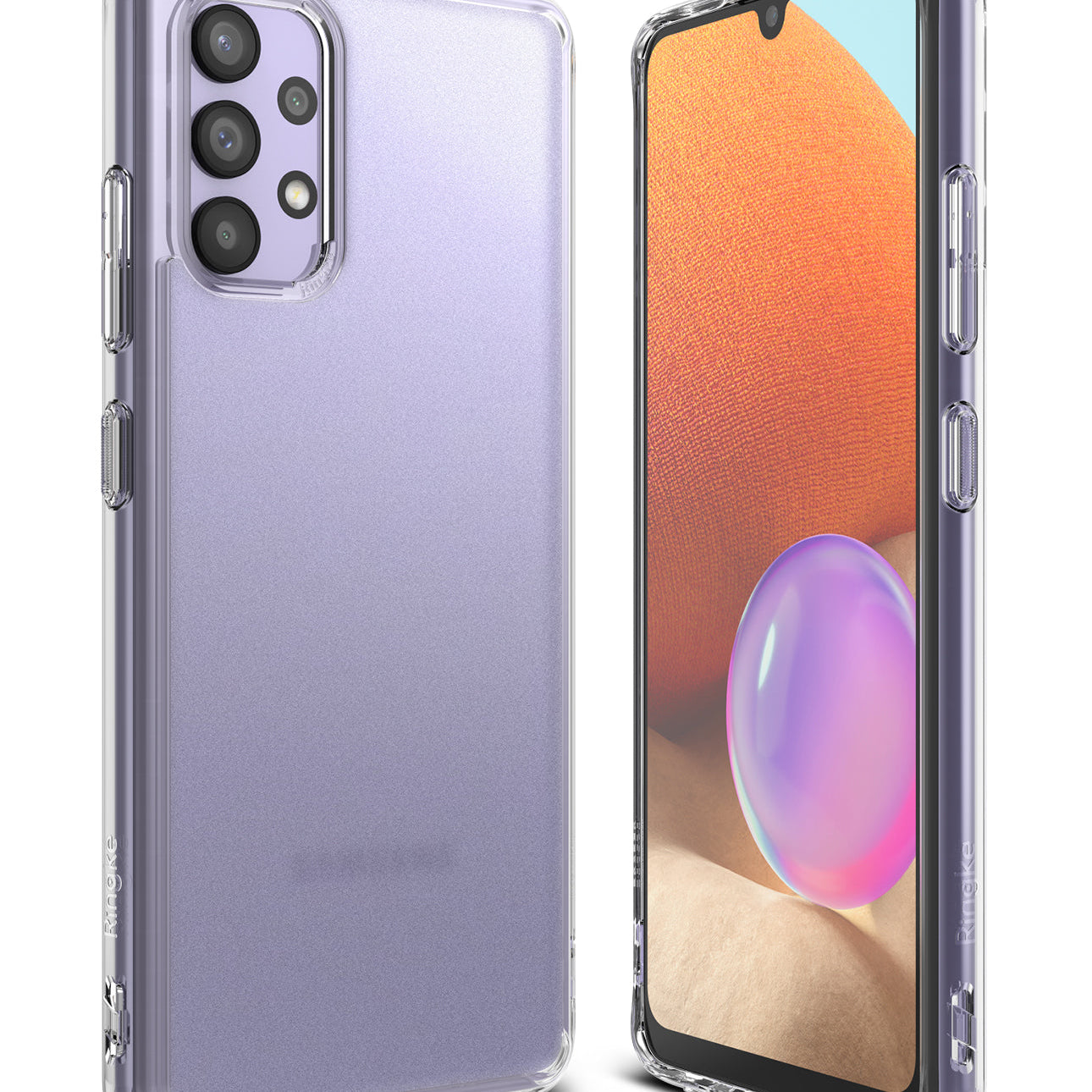 Galaxy A32 4G Case | Fusion - Clear protective case on a light purple Samsung Galaxy A32 4G phone, front and back view.